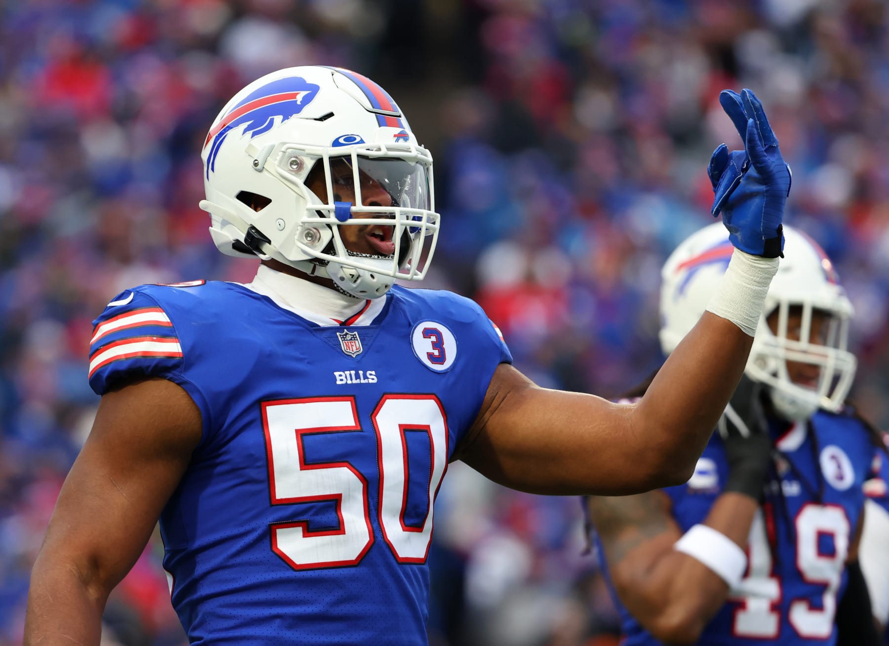 ORCHARD PARK, NY - JANUARY 08: Greg Rousseau #50 of the Buffalo Bills during a game against the New England Patriots at Highmark Stadium on January 8, 2023 in Orchard Park, New York. (Photo by Timothy T Ludwig/Getty Images)