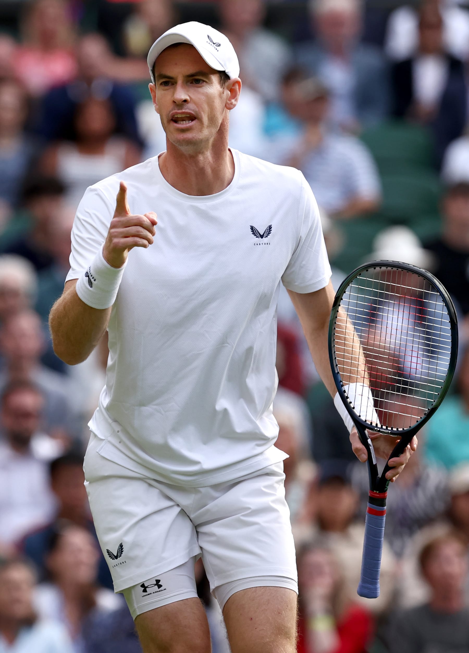 LONDON, ENGLAND - JULY 04: Andy Murray gestures as he plays with Jamie Murray of Great Britain against Rinky Hijikata and John Peers of Australia in the Gentlemen’s Doubles first round match during day four of The Championships Wimbledon 2024 at All England Lawn Tennis and Croquet Club on July 04, 2024 in London, England. (Photo by Francois Nel/Getty Images)