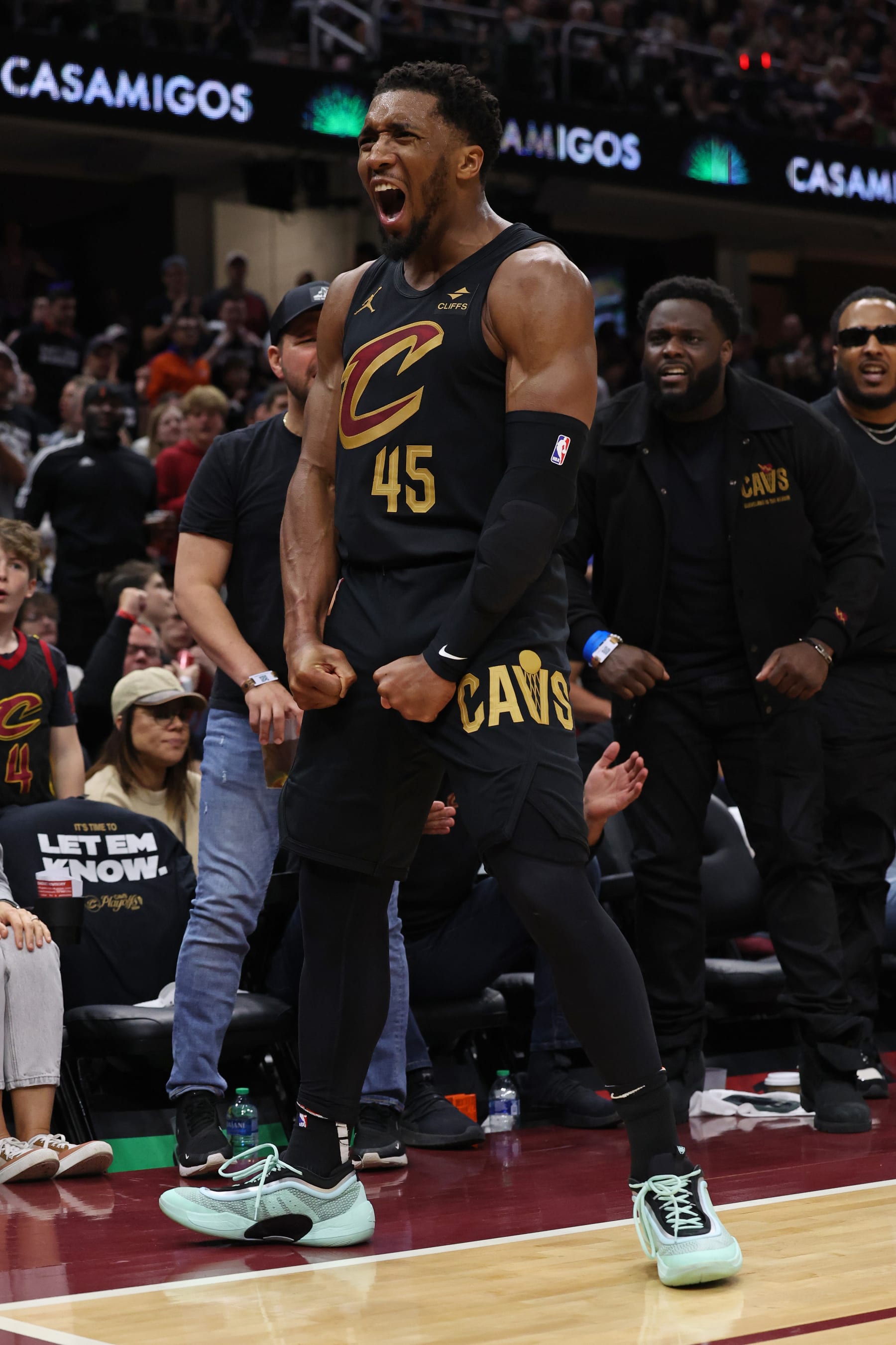 CLEVELAND, OH - MAY 5: Donovan Mitchell #45 of the Cleveland Cavaliers celebrates during the game  against the Orlando Magic  during Round 1 Game 7 of the 2024 NBA Playoffs on May 5, 2024 at Rocket Mortgage FieldHouse in Cleveland, Ohio. NOTE TO USER: User expressly acknowledges and agrees that, by downloading and/or using this Photograph, user is consenting to the terms and conditions of the Getty Images License Agreement. Mandatory Copyright Notice: Copyright 2024 NBAE (Photo by Lauren Leigh Bacho/NBAE via Getty Images)