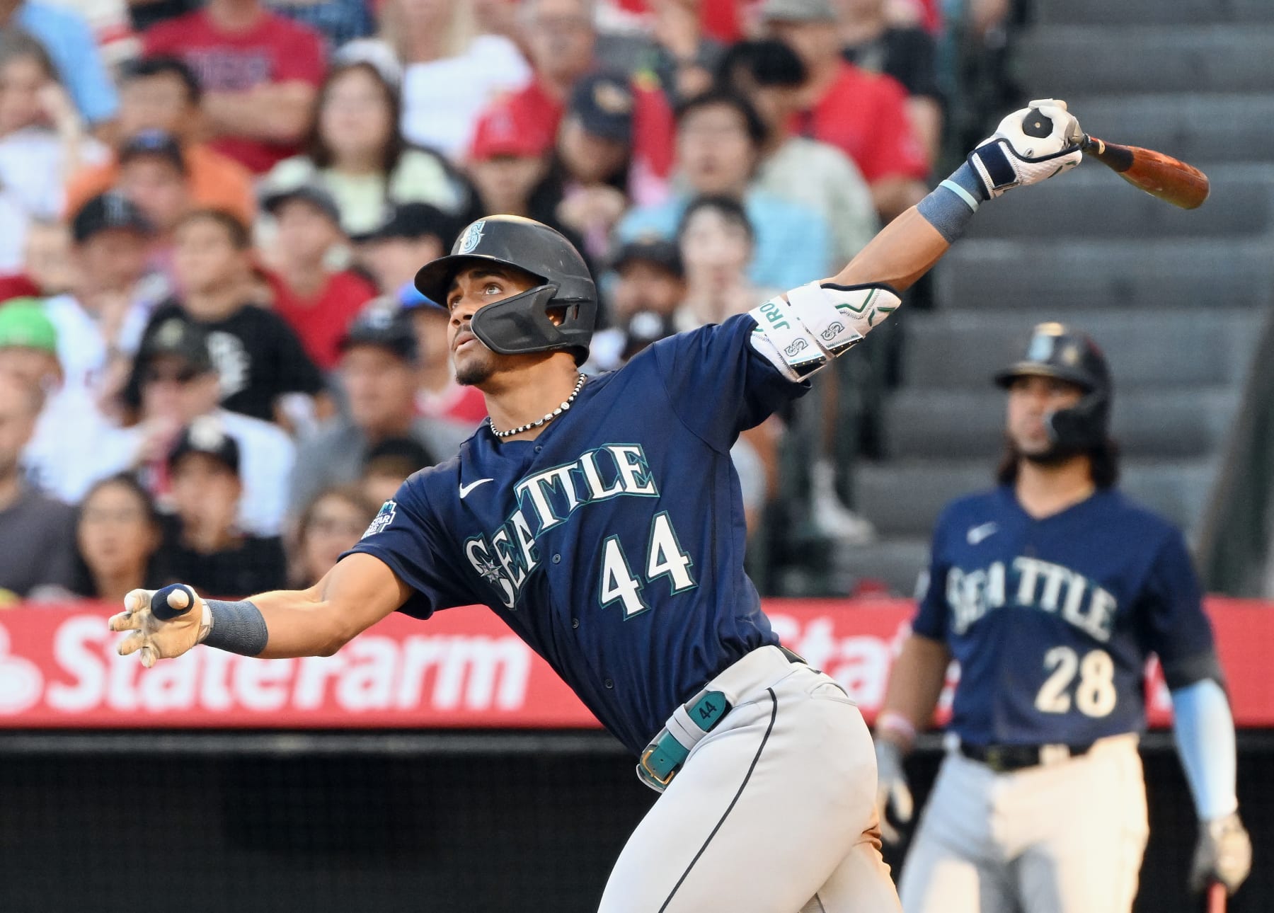 ANAHEIM, CA - AUGUST 05: Seattle Mariners center fielder Julio Rodriguez (44) hits a double and drives in two runs in the third inning of an MLB baseball game against the Los Angeles Angels played August 5, 2023 at Angel Stadium in Anaheim, CA. (Photo by John Cordes/Icon Sportswire via Getty Images)
