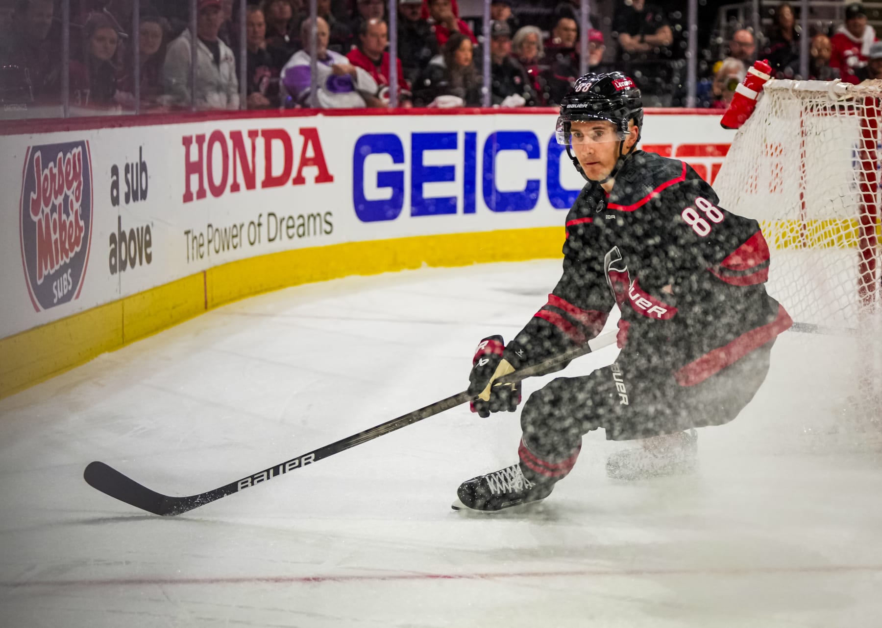 RALEIGH, NORTH CAROLINA - APRIL 22: Martin Necas #88 of the Carolina Hurricanes skates during the first period against the New York Islanders in Game Two of the First Round of the 2024 Stanley Cup Playoffs at PNC Arena on April 22, 2024 in Raleigh, North Carolina. (Photo by Josh Lavallee/NHLI via Getty Images)