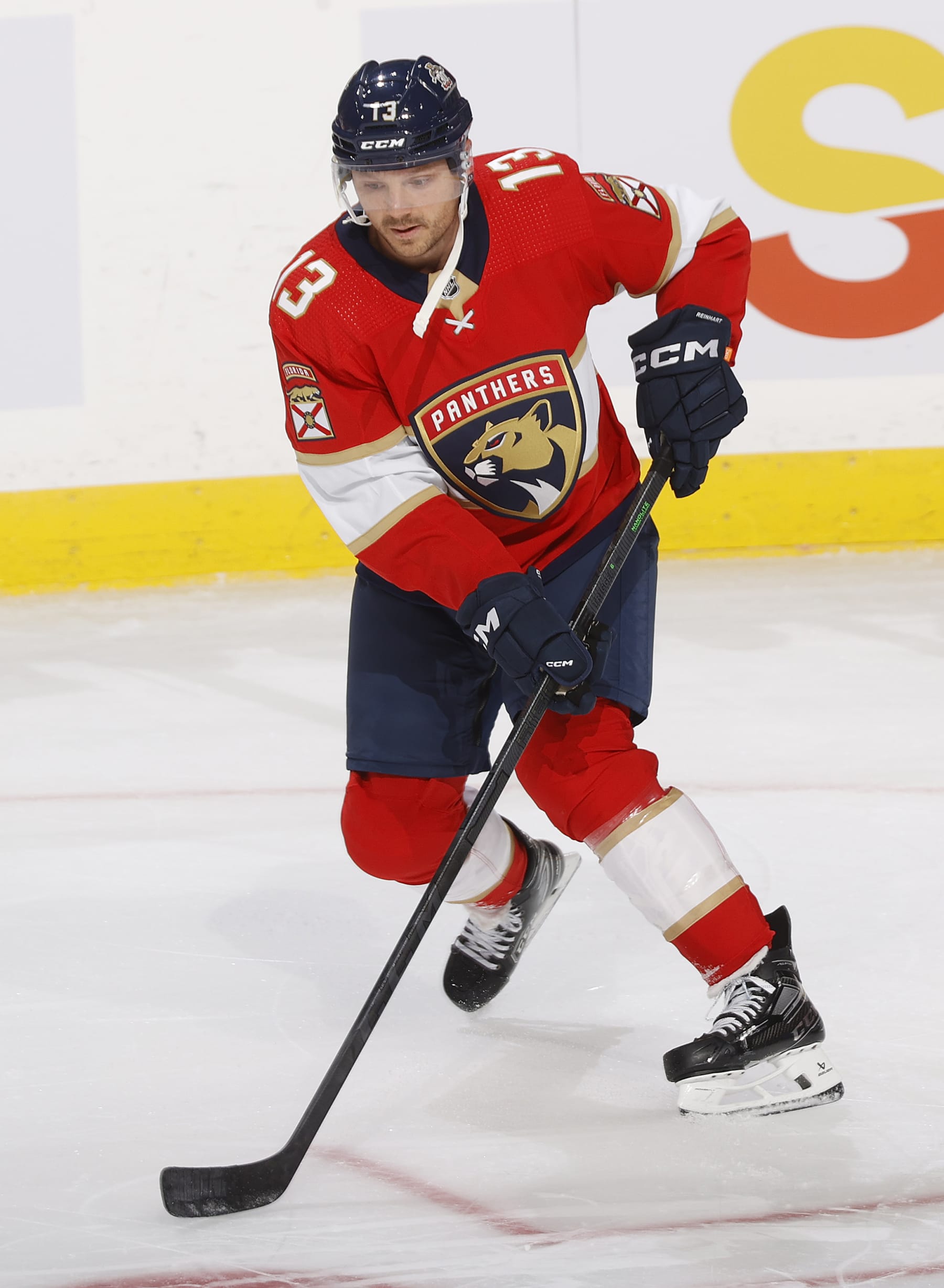 SUNRISE, FL - SEPTEMBER 25: Sam Reinhart #13 of the Florida Panthers skates prior to a preseason game against the Nashville Predators at the Amerant Bank Arena on September 25, 2023 in Sunrise, Florida. (Photo by Joel Auerbach/Getty Images)