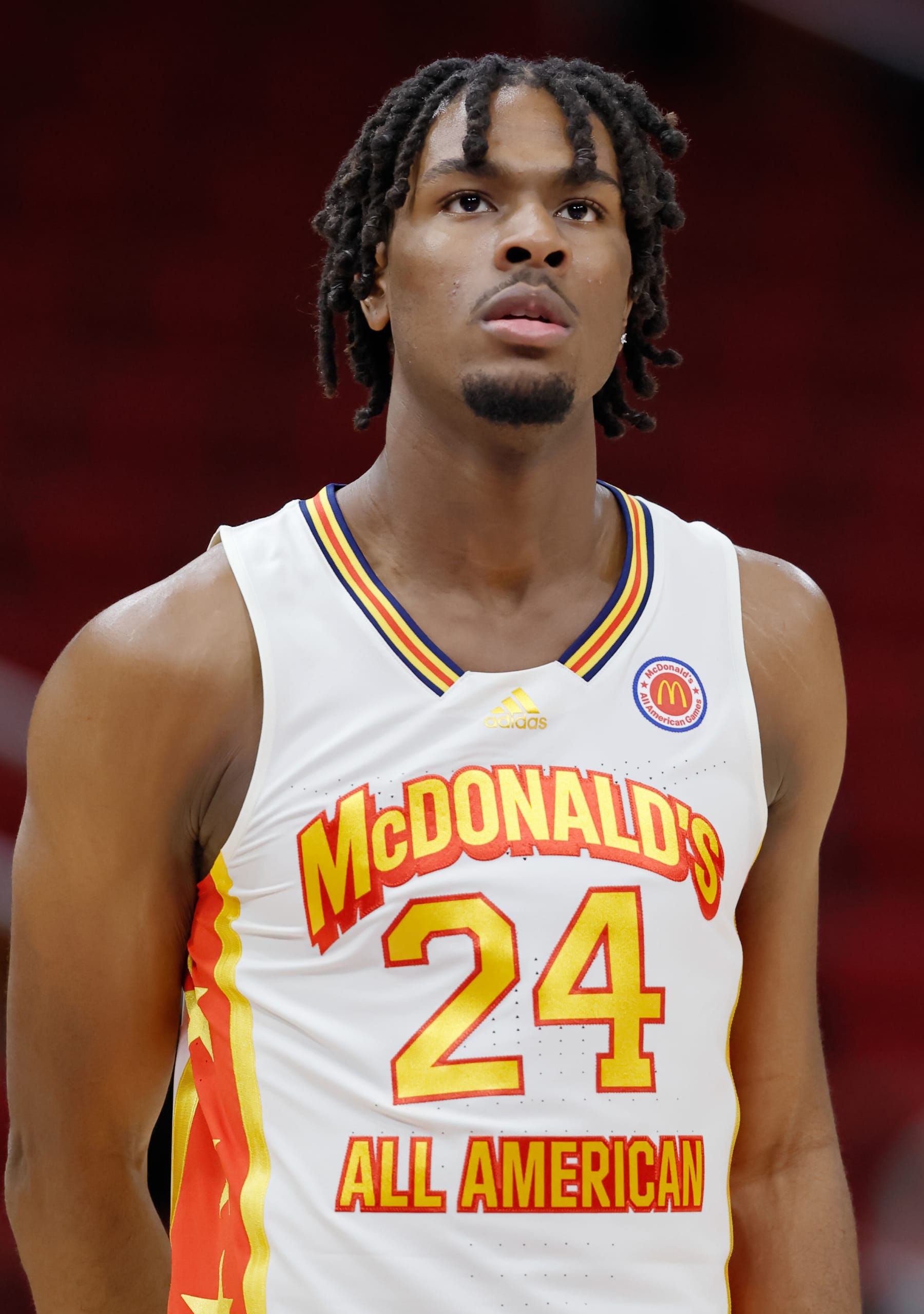 HOUSTON, TX - MARCH 28: Mackenzie Mgbako #24 of McDonald's All American Boys East is seen before the McDonalds All American Basketball Games at Toyota Center on March 28, 2023 in Houston, Texas. (Photo by Michael Hickey/Getty Images)
