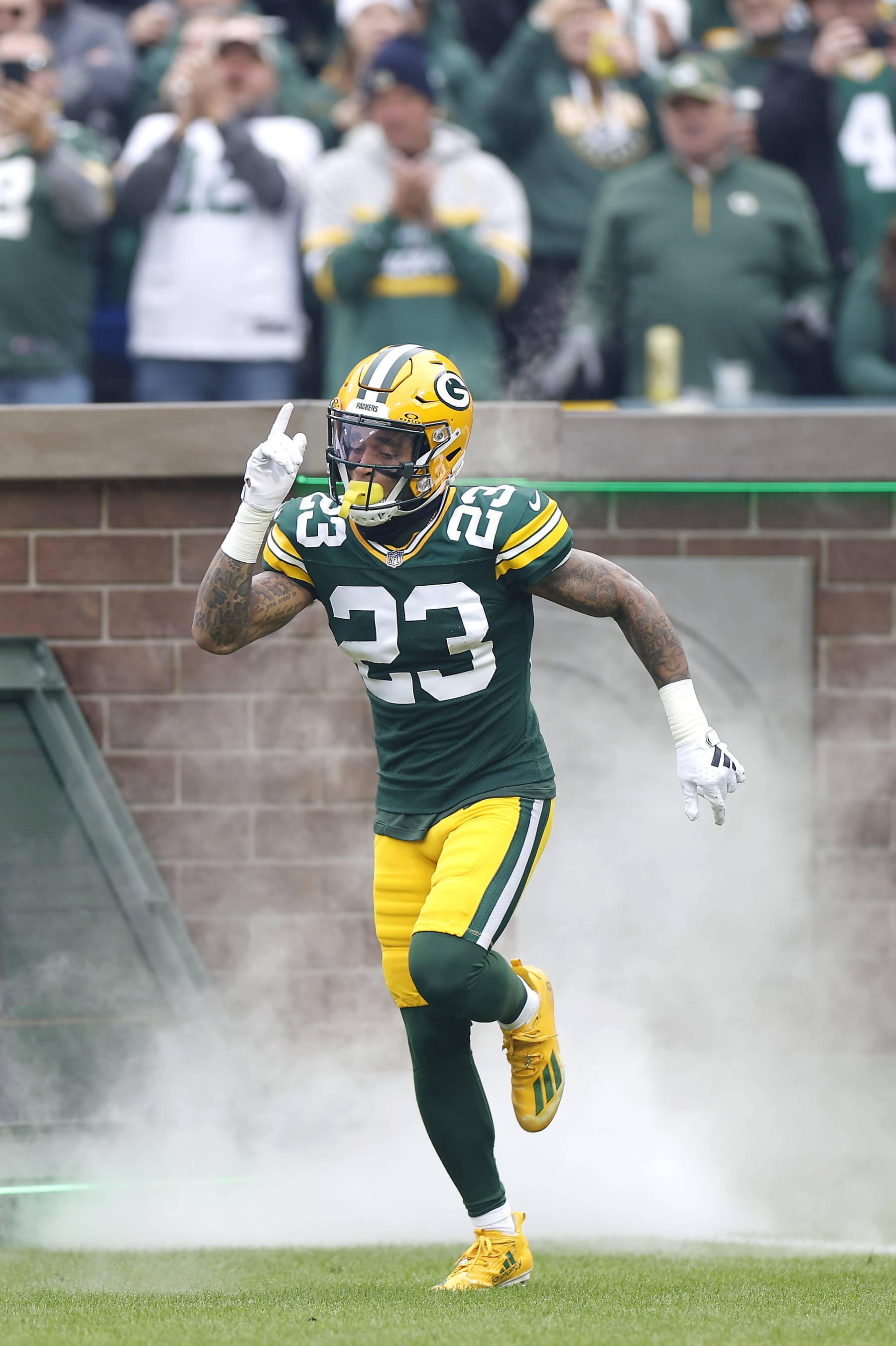 GREEN BAY, WISCONSIN - NOVEMBER 05: Jaire Alexander #23 of the Green Bay Packers is introduced before a game against the Los Angeles Rams at Lambeau Field on November 05, 2023 in Green Bay, Wisconsin. (Photo by John Fisher/Getty Images)