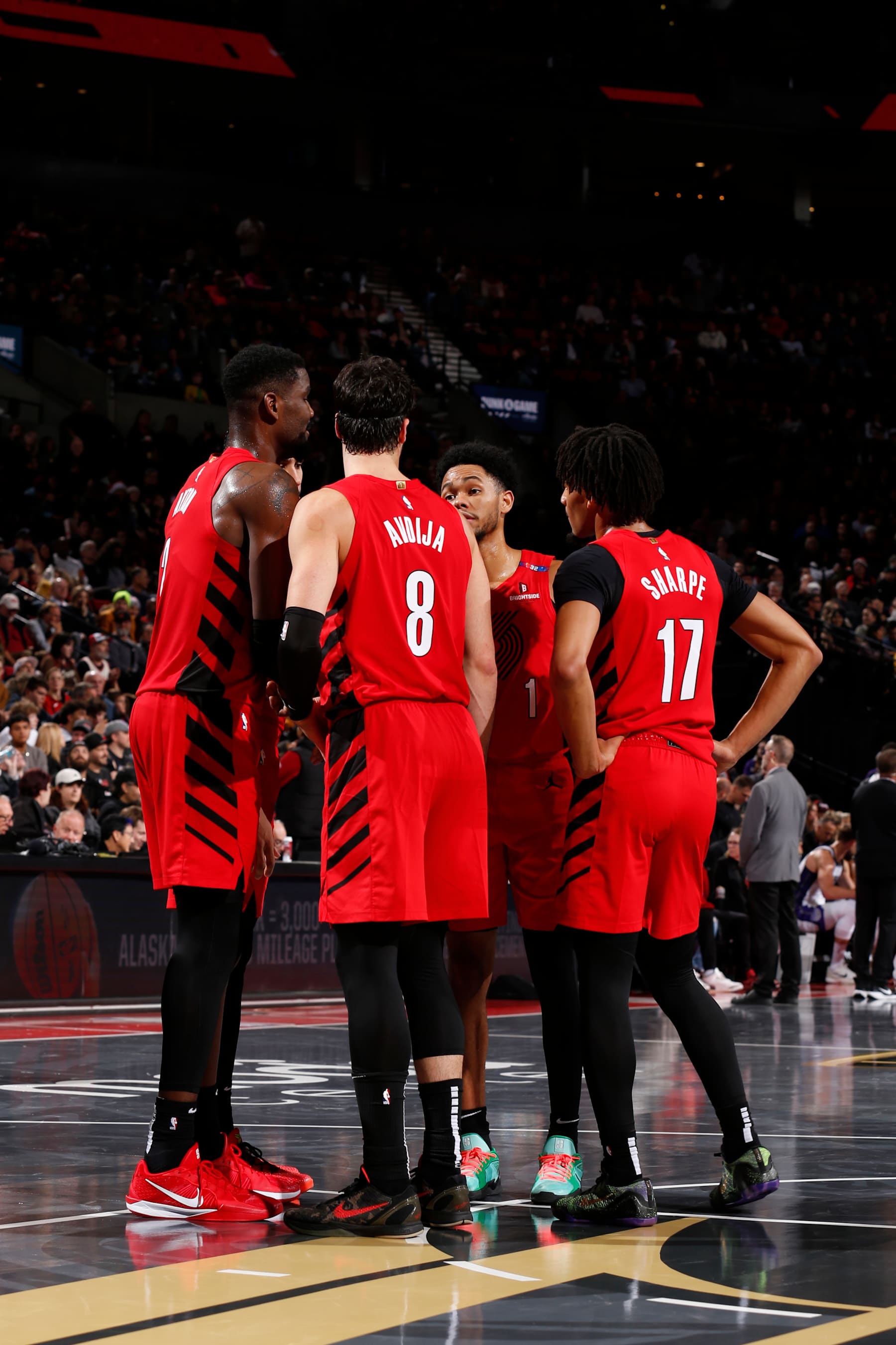 PORTLAND, OR - NOVEMBER 29: The Portland Trail Blazers huddle up during the game against the Sacramento Kings during the Emirates NBA Cup on November 29, 2024 at the Moda Center Arena in Portland, Oregon. NOTE TO USER: User expressly acknowledges and agrees that, by downloading and or using this photograph, user is consenting to the terms and conditions of the Getty Images License Agreement. Mandatory Copyright Notice: Copyright 2024 NBAE (Photo by Cameron Browne/NBAE via Getty Images)