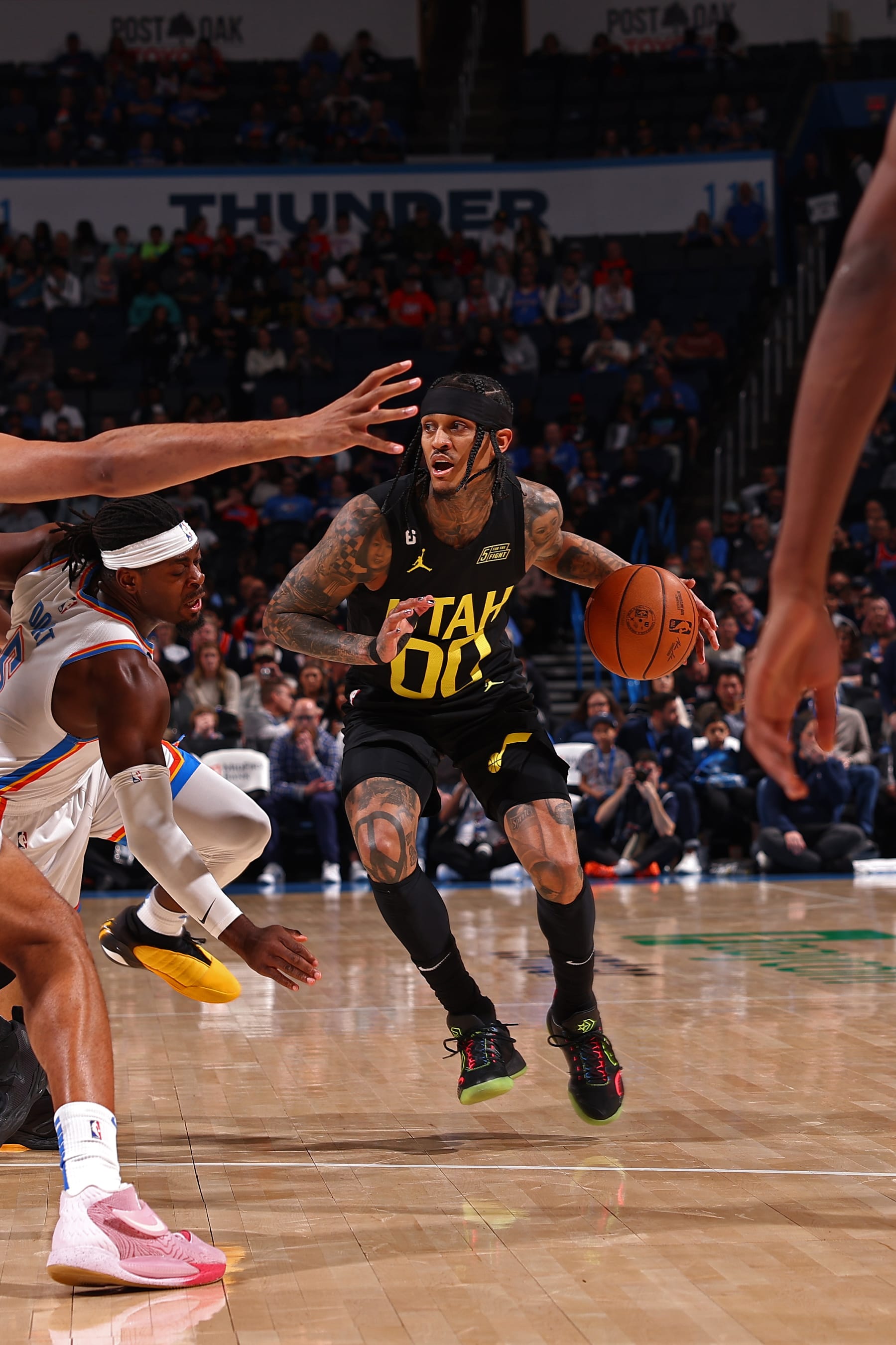 OKLAHOMA CITY, OK - MARCH 5: Jordan Clarkson #00 of the Utah Jazz dribbles the ball against the Oklahoma City Thunder on March 5, 2023 at Paycom Arena in Oklahoma City, Oklahoma. NOTE TO USER: User expressly acknowledges and agrees that, by downloading and or using this photograph, User is consenting to the terms and conditions of the Getty Images License Agreement. Mandatory Copyright Notice: Copyright 2023 NBAE (Photo by Zach Beeker/NBAE via Getty Images)