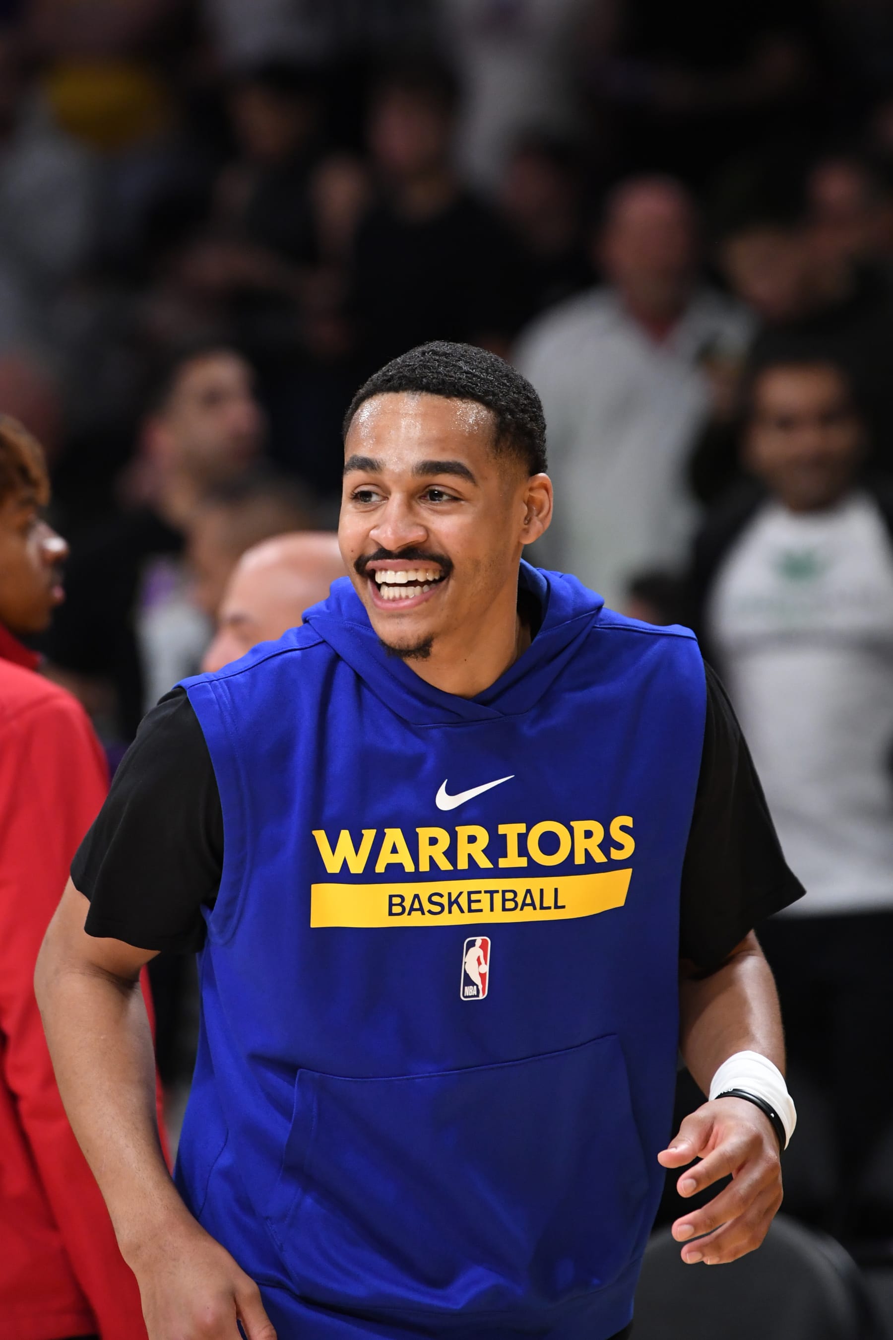 LOS ANGELES, CA - MAY 12: Jordan Poole #3 of the Golden State Warriors smiles before Game Six of the Western Conference Semi-Finals of the 2023 NBA Playoffs against the Los Angeles Lakers on May 12, 2023 at Crypto.com Arena in Los Angeles, California. NOTE TO USER: User expressly acknowledges and agrees that, by downloading and/or using this Photograph, user is consenting to the terms and conditions of the Getty Images License Agreement. Mandatory Copyright Notice: Copyright 2023 NBAE (Photo by Noah Graham/NBAE via Getty Images)