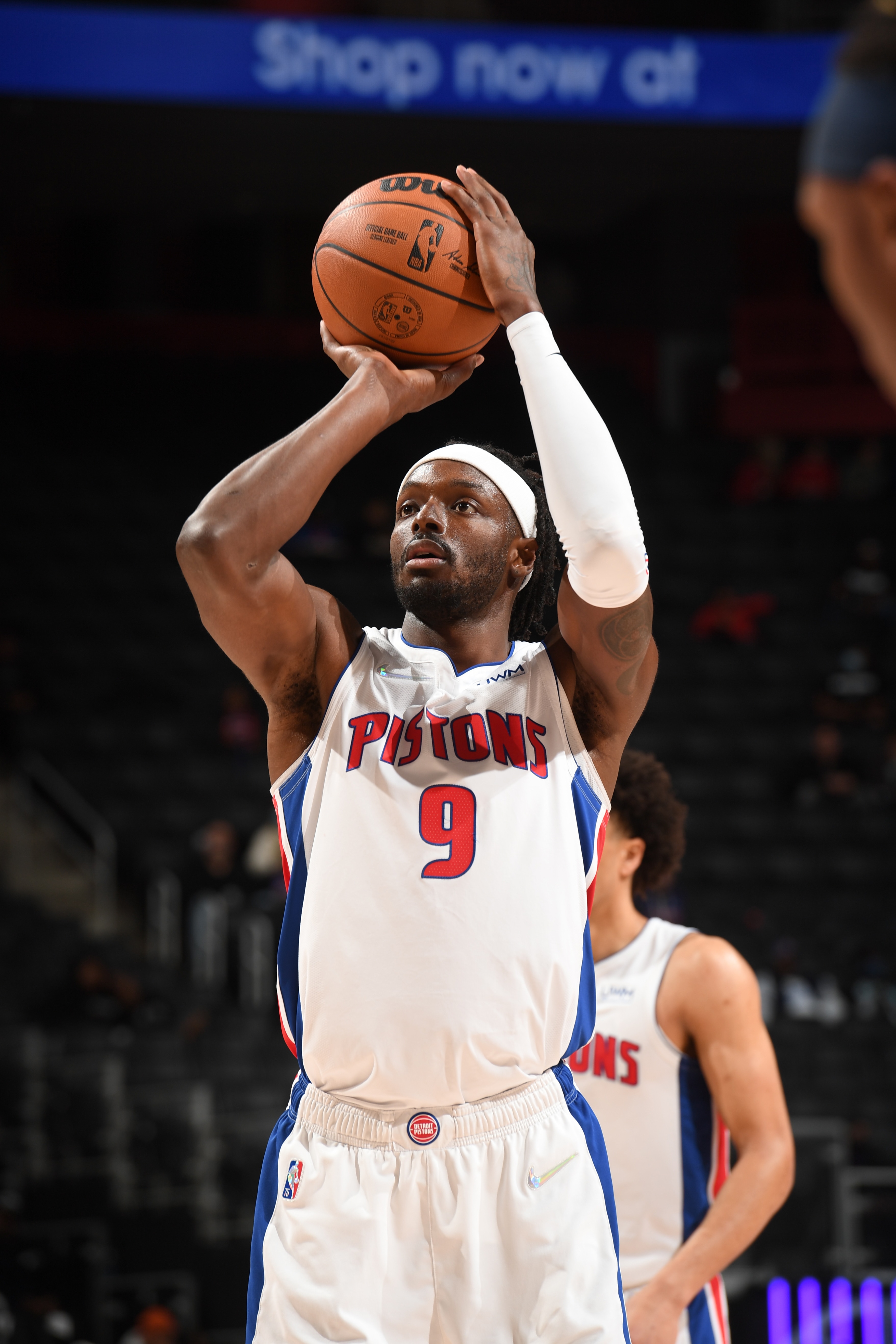 DETROIT, MI - NOVEMBER 17: Jerami Grant #9 of the Detroit Pistons shoots the ball against the Indiana Pacers on November 17, 2021 at Little Caesars Arena in Detroit, Michigan. NOTE TO USER: User expressly acknowledges and agrees that, by downloading and/or using this photograph, User is consenting to the terms and conditions of the Getty Images License Agreement. Mandatory Copyright Notice: Copyright 2021 NBAE (Photo by Chris Schwegler/NBAE via Getty Images)