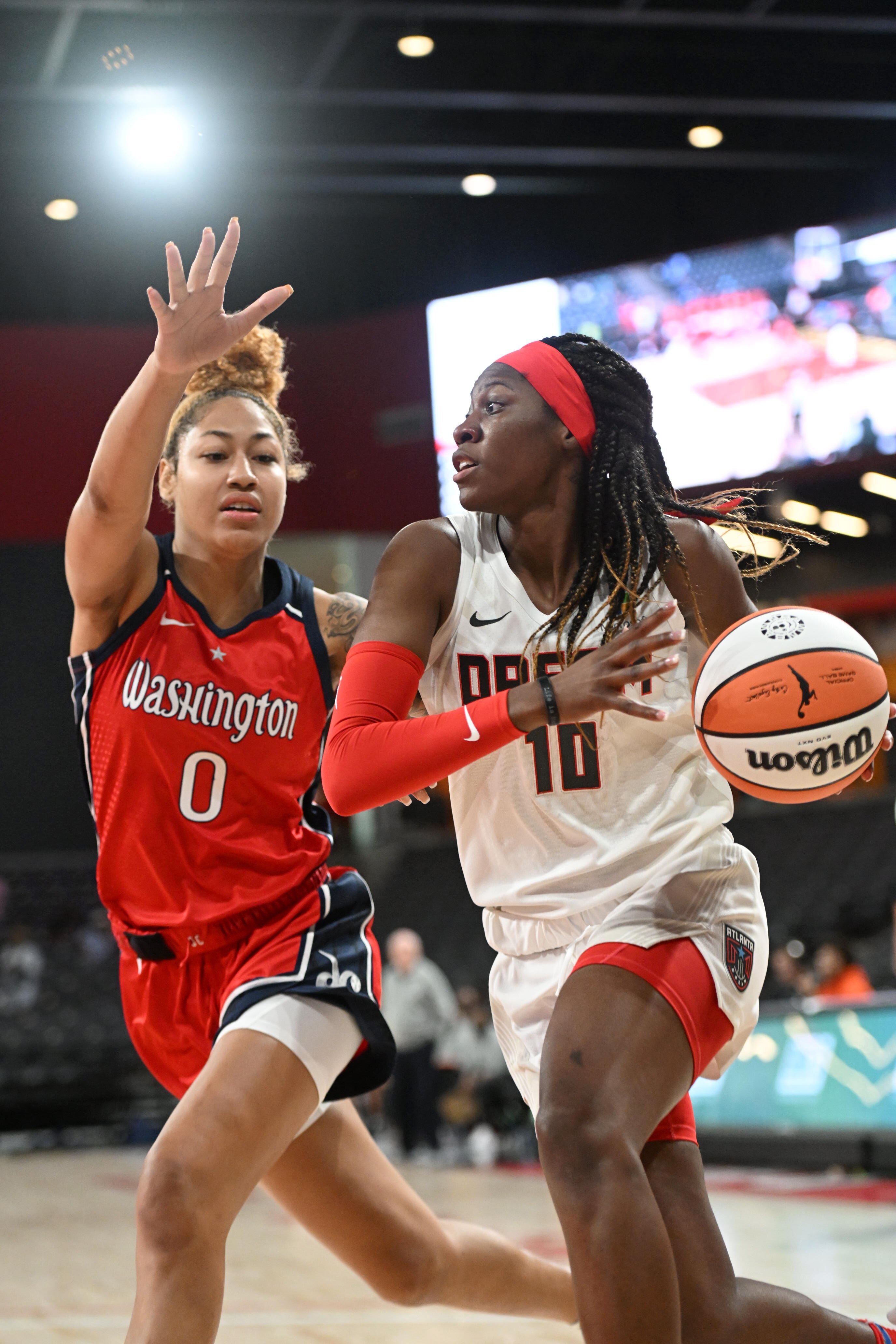 ATLANTA, GA - APRIL 24: Rhyne Howard #10 of the Washington Mystics dribbles the ball during the game against the Atlanta Dream on April 24, 2022 at Gateway Center Arena in College Park, Georgia. NOTE TO USER: User expressly acknowledges and agrees that, by downloading and or using this photograph, User is consenting to the terms and conditions of the Getty Images License Agreement. Mandatory Copyright Notice: Copyright 2022 NBAE (Photo by Adam Hagy/NBAE via Getty Images)
