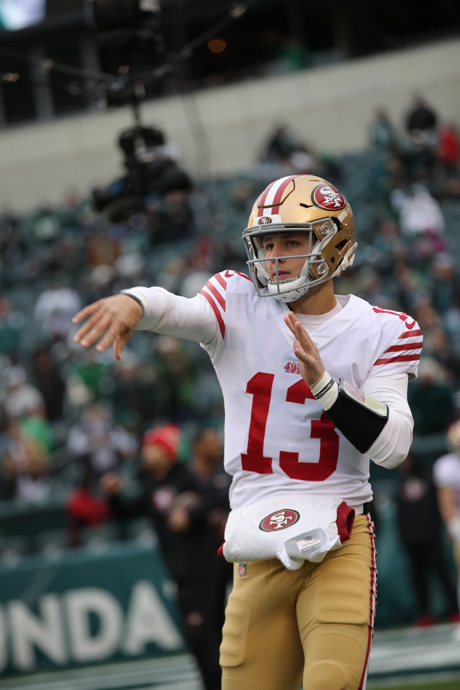 PHILADELPHIA, PA - JANUARY 29: Brock Purdy #13 of the San Francisco 49ers on the field before the NFC Championship playoff game against the Philadelphia Eagles at Lincoln Financial Field on January 29, 2023 in Philadelphia, Pennsylvania. The Eagles defeated the 49ers 31-7. (Photo by Michael Zagaris/San Francisco 49ers/Getty Images)