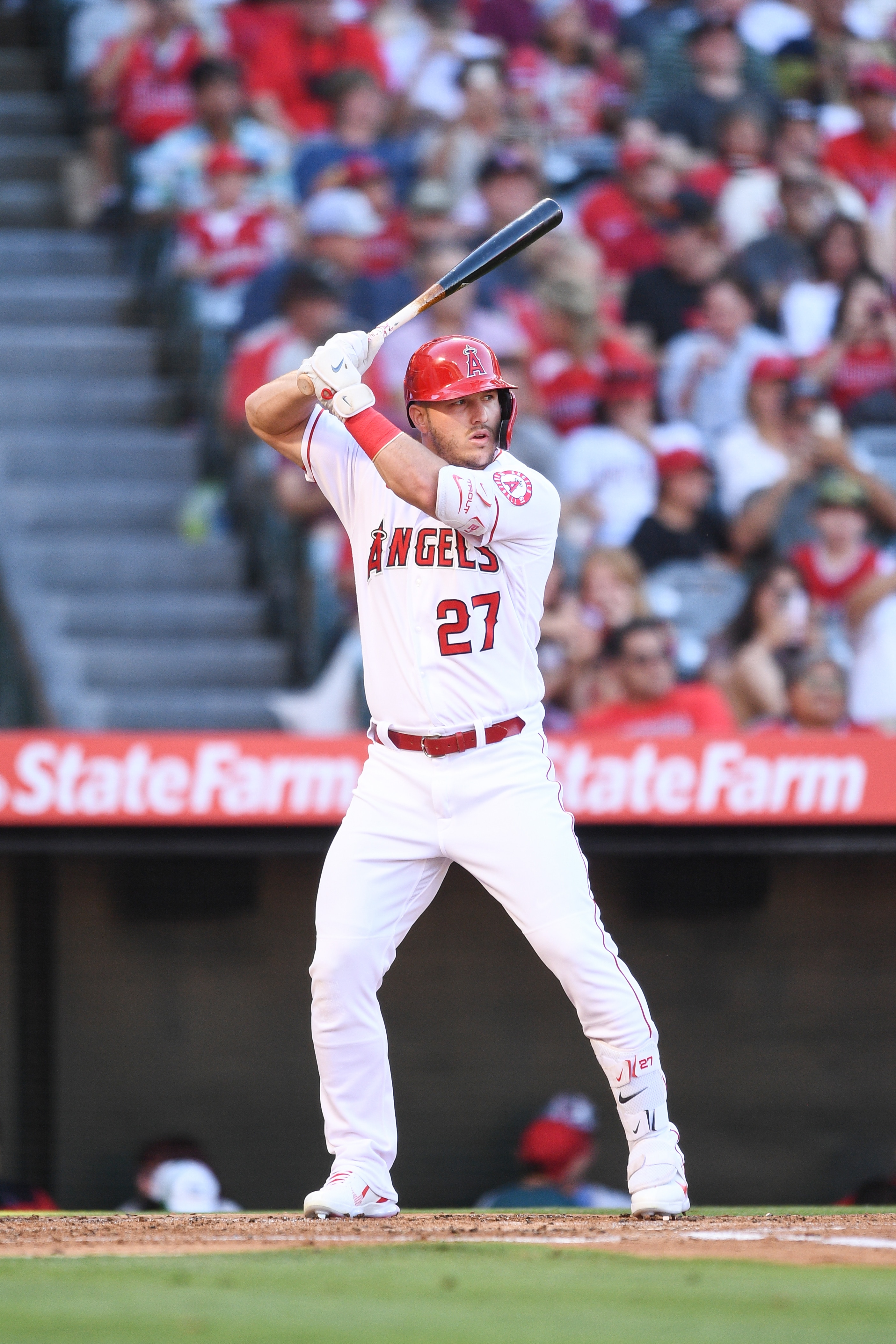 ANAHEIM, CA - JUNE 24: Los Angeles Angels designated hitter Mike Trout (27) at bat during the MLB game between the Seattle Mariners and the Los Angeles Angels of Anaheim on June 24, 2022 at Angel Stadium of Anaheim in Anaheim, CA. (Photo by Brian Rothmuller/Icon Sportswire via Getty Images)