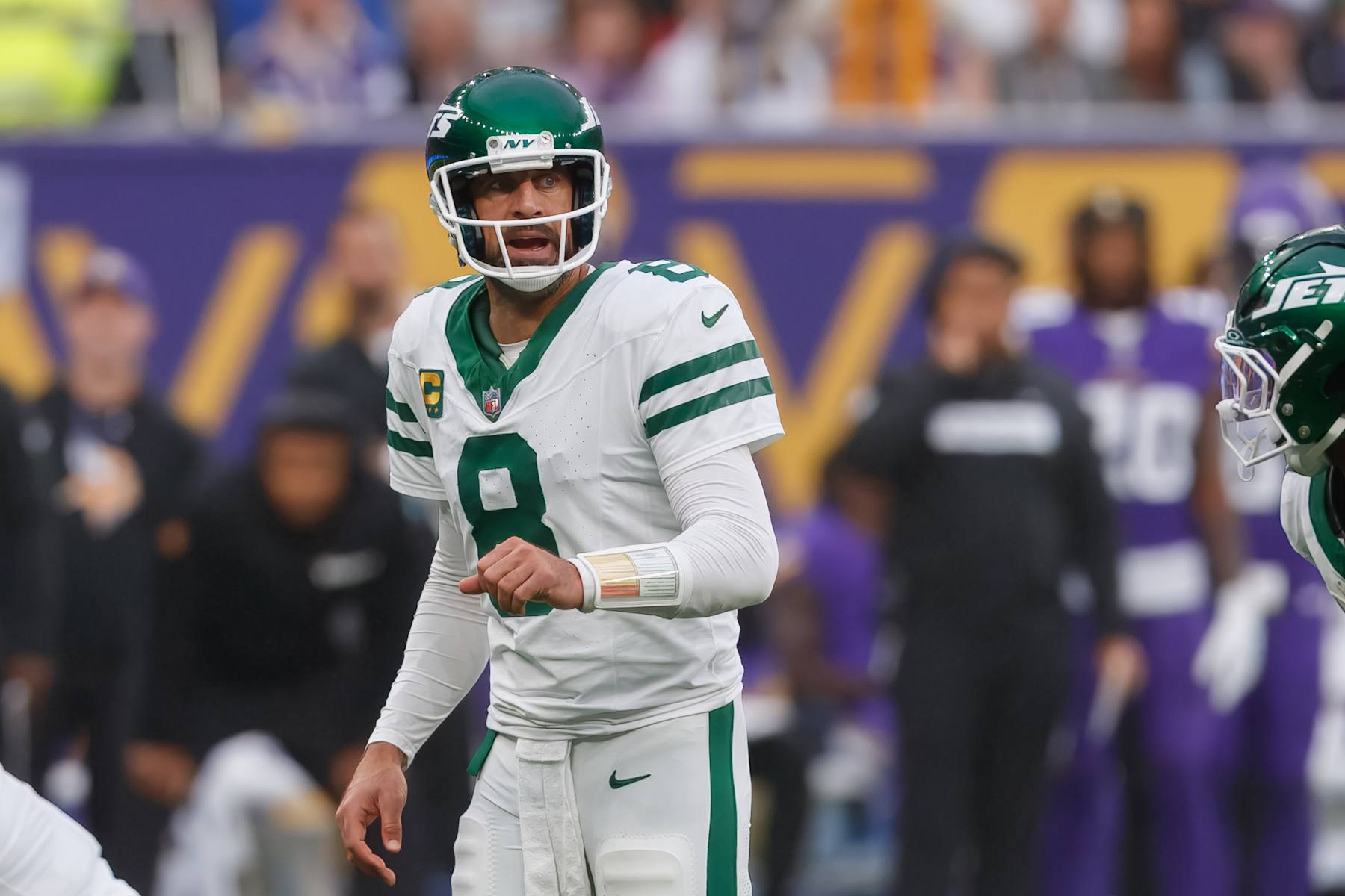 London, United Kingdom - October 6: Aaron Rodgers of New York Jets looks on during the NFL match between New York Jets and Minnesota Vikings at Tottenham Hotspur Stadium on October 6, 2024 in London, England. (Photo by Mario Hommes/DeFodi Images via Getty Images)