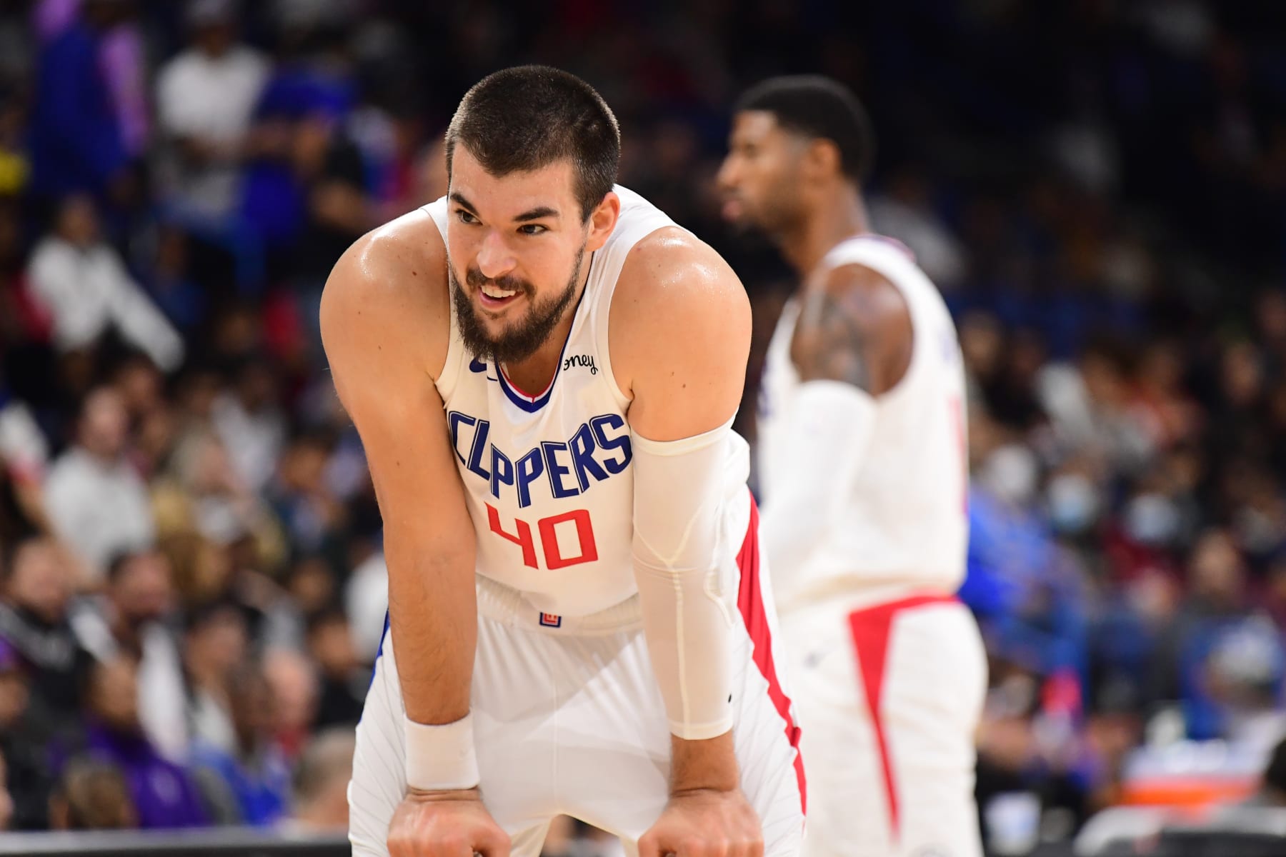 ONTARIO, CA - OCTOBER 12: Ivica Zubac #40 of the LA Clippers looks on during a preseason game against the Denver Nuggets on October 12, 2022 at Toyota Arena in Ontario, California. NOTE TO USER: User expressly acknowledges and agrees that, by downloading and/or using this Photograph, user is consenting to the terms and conditions of the Getty Images License Agreement. Mandatory Copyright Notice: Copyright 2022 NBAE (Photo by Adam Pantozzi/NBAE via Getty Images)