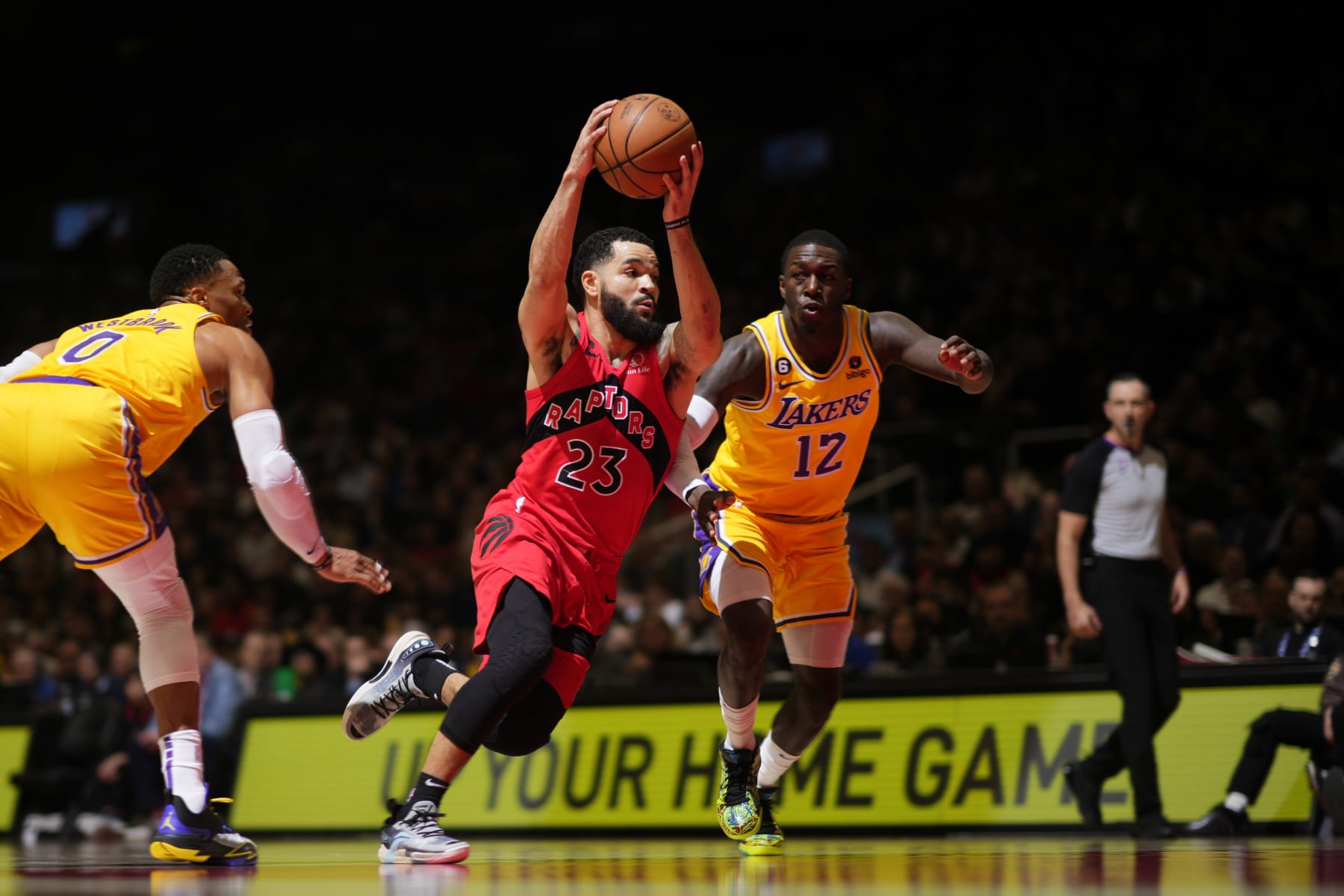 TORONTO, CANADA - DECEMBER 7: Fred VanVleet #23 of the Toronto Raptors drives to the basket during the game against the Los Angeles Lakers on December 7, 2022 at the Scotiabank Arena in Toronto, Ontario, Canada.  NOTE TO USER: User expressly acknowledges and agrees that, by downloading and or using this Photograph, user is consenting to the terms and conditions of the Getty Images License Agreement.  Mandatory Copyright Notice: Copyright 2022 NBAE (Photo by Mark Blinch/NBAE via Getty Images)