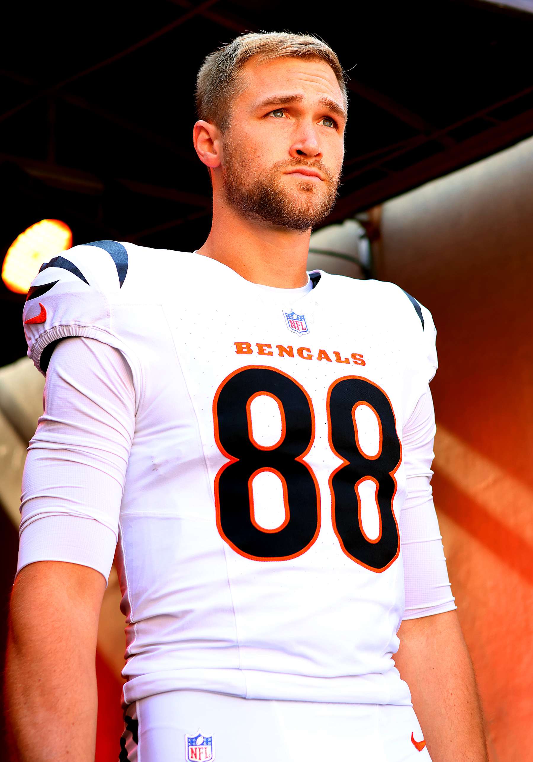 CINCINNATI, OH - OCTOBER 27 - Cincinnati Bengals tight end Mike Gesicki (88) stands in the tunnel awaiting pregame introductions before a game between the Philadelphia Eagles and the Cincinnati Bengals at Paycor Stadium on Sunday, October 27, 2024. (Photo by Jeff Moreland/Icon Sportswire via Getty Images)