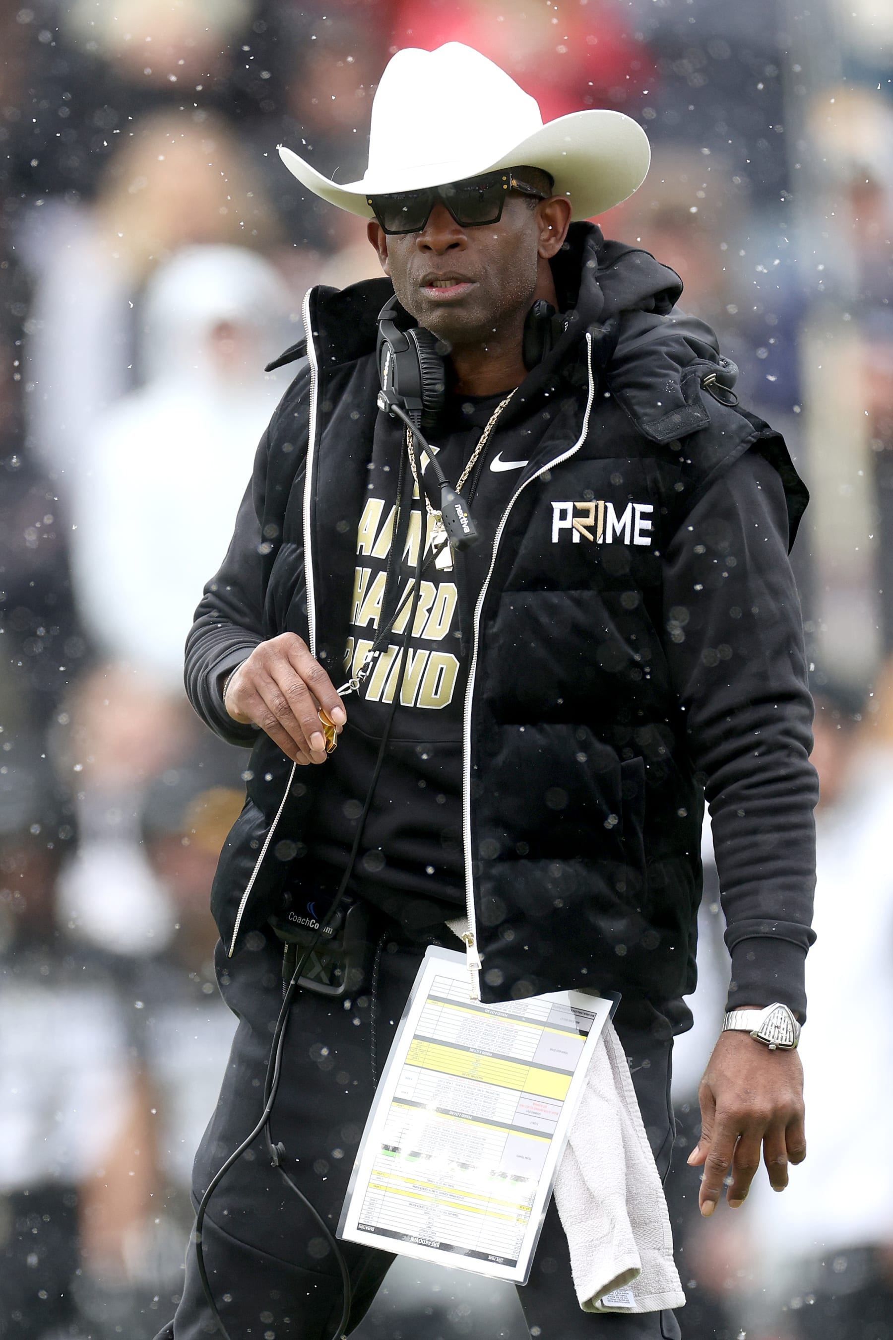 BOULDER, COLORADO - APRIL 22: Head coach Deion Sanders of the Colorado Buffaloes watches as his team plays their spring game at Folsom Field on April 22, 2023 in Boulder, Colorado. (Photo by Matthew Stockman/Getty Images)