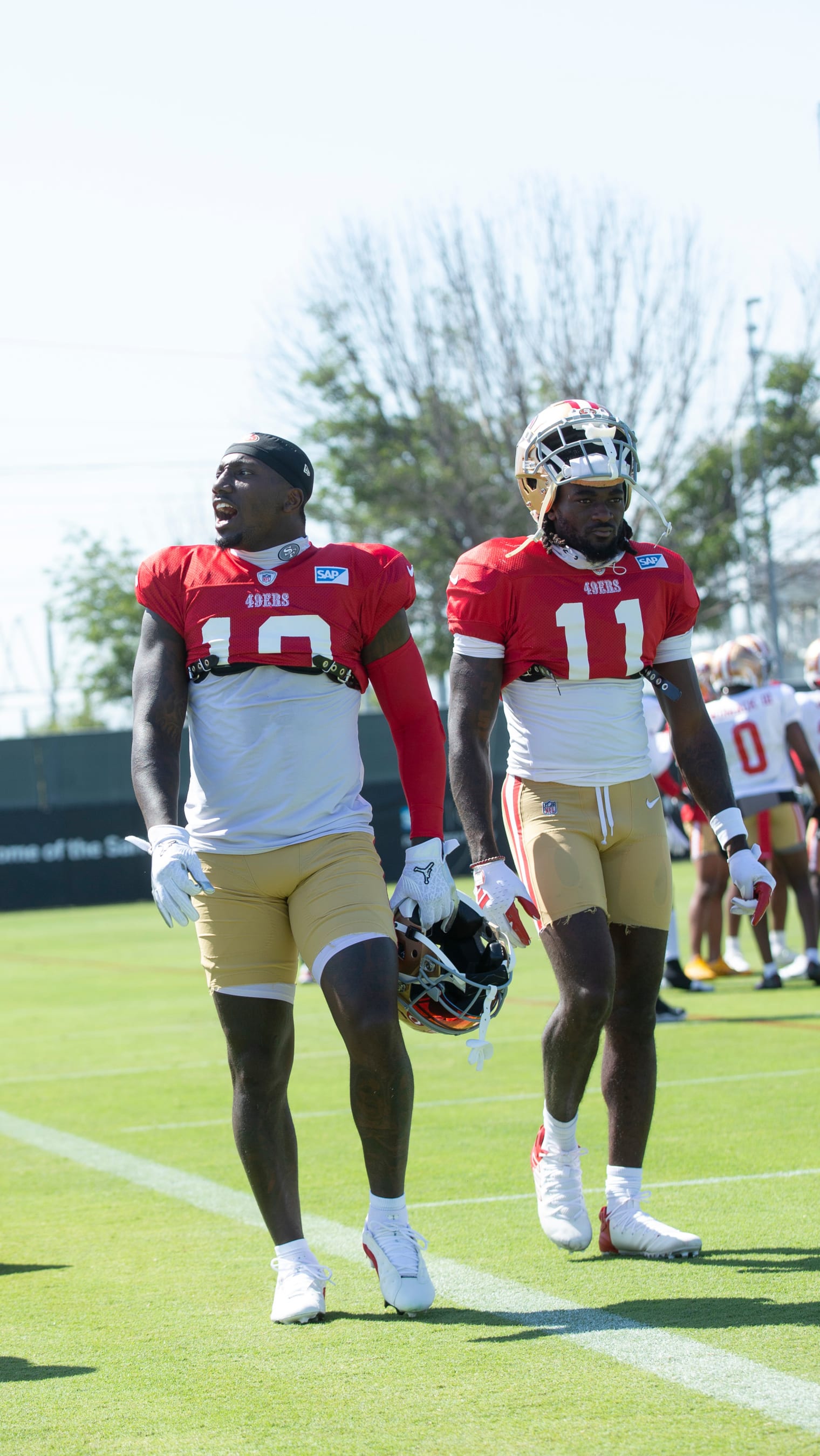 SANTA CLARA, CA - AUGUST 1: Deebo Samuel #19 and Brandon Aiyuk #11 of the San Francisco 49ers during training camp at the SAP Performance Facility on August 1, 2023 in Santa Clara, California.  (Photo by Michael Zagaris/San Francisco 49ers/Getty Images)