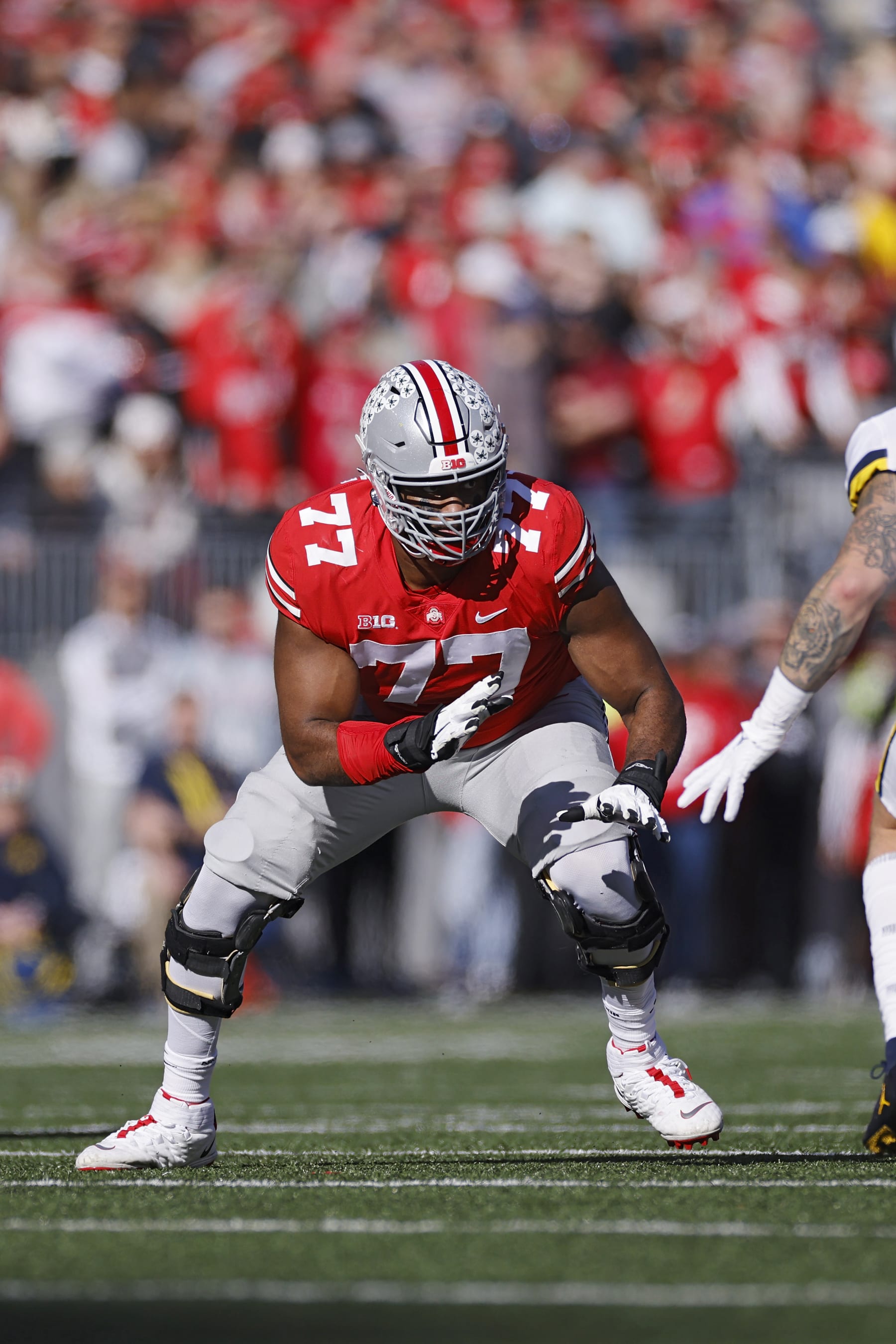 COLUMBUS, OH - NOVEMBER 26: Ohio State Buckeyes offensive lineman Paris Johnson Jr. (77) blocks during a college football game against the Michigan Wolverines on November 26, 2022 at Ohio Stadium in Columbus, Ohio. (Photo by Joe Robbins/Icon Sportswire via Getty Images)