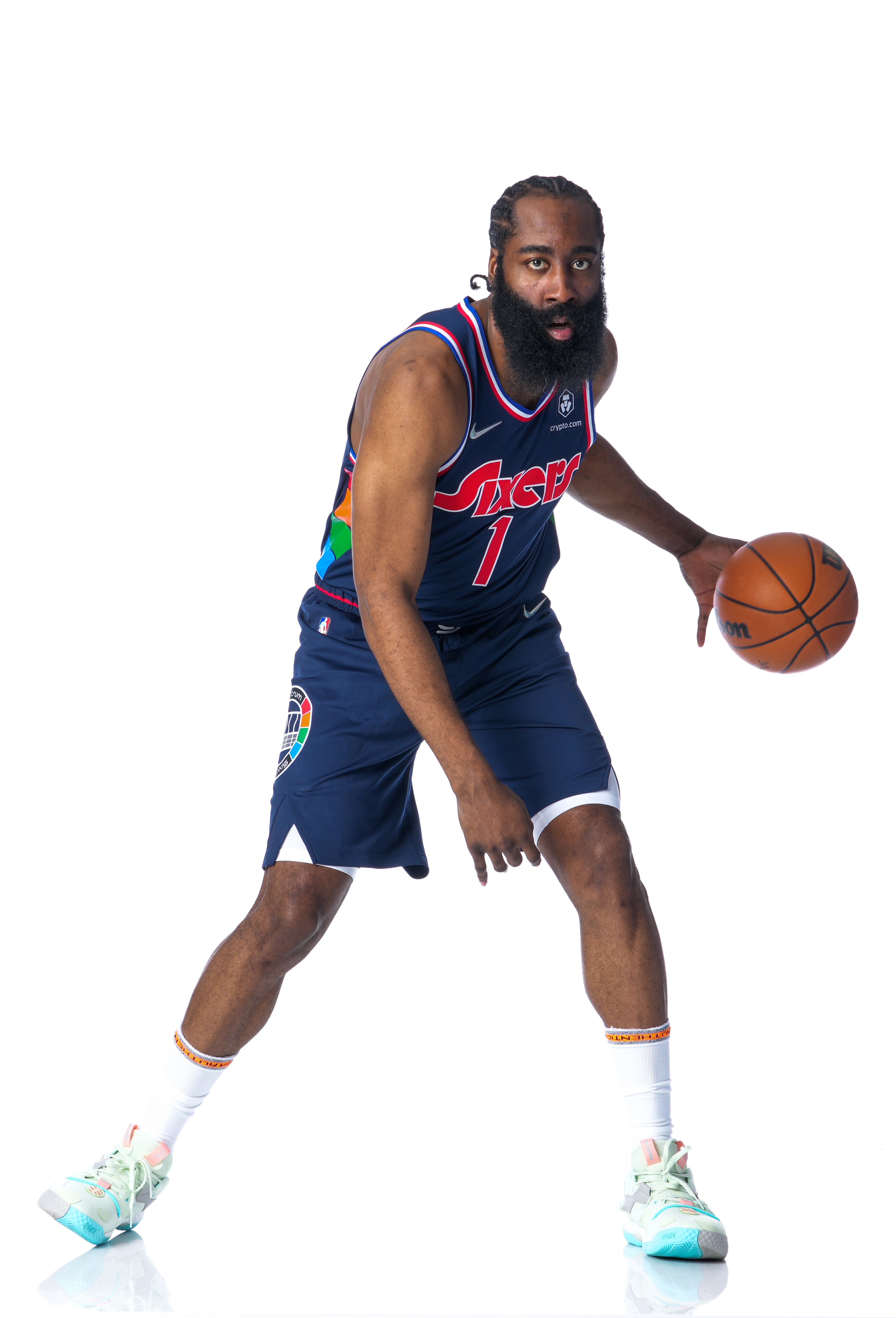 CAMDEN, NJ - FEBRUARY 14: James Harden #1 of the Philadelphia 76ers poses for a portrait on February 14, 2022 at Philadelphia 76ers Training Complex in Camden, New Jersey. NOTE TO USER: User expressly acknowledges and agrees that, by downloading and/or using this Photograph, user is consenting to the terms and conditions of the Getty Images License Agreement. Mandatory Copyright Notice: Copyright 2022 NBAE (Photo by Jesse D. Garrabrant/NBAE via Getty Images)
