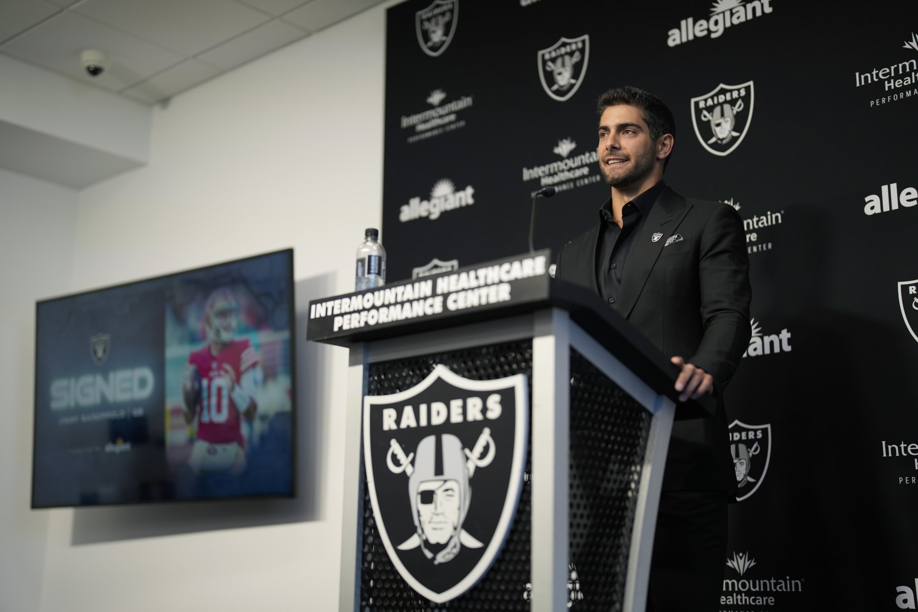 Las Vegas Raiders quarterback Jimmy Garoppolo takes questions at a news conference Friday, March 17, 2023, in Henderson, Nev. (AP Photo/John Locher)