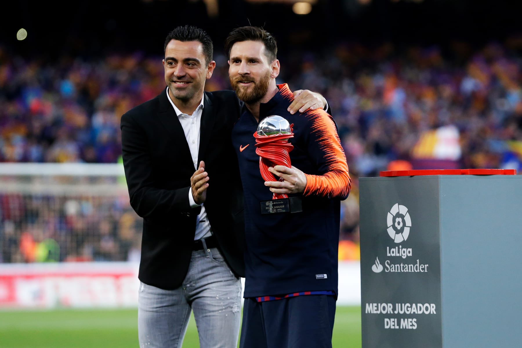 BARCELONA, SPAIN - MAY 20: (L-R) Xavi, Lionel Messi of FC Barcelona  during the La Liga Santander  match between FC Barcelona v Real Sociedad at the Camp Nou on May 20, 2018 in Barcelona Spain (Photo by Jeroen Meuwsen/Soccrates/Getty Images)