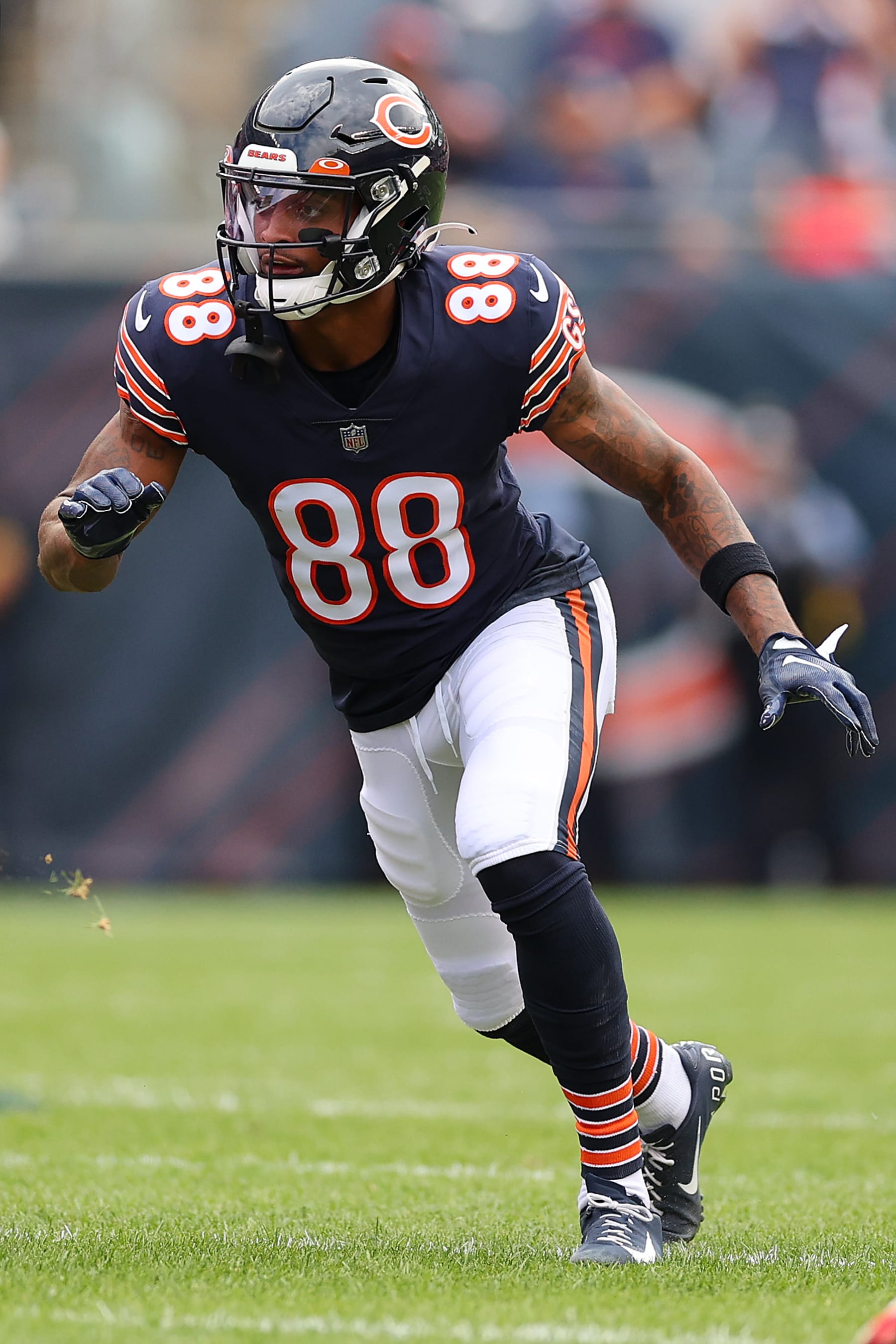 CHICAGO, ILLINOIS - AUGUST 13: Tajae Sharpe #88 of the Chicago Bears in action against the Kansas City Chiefs during the first half of the preseason game at Soldier Field on August 13, 2022 in Chicago, Illinois. (Photo by Michael Reaves/Getty Images)