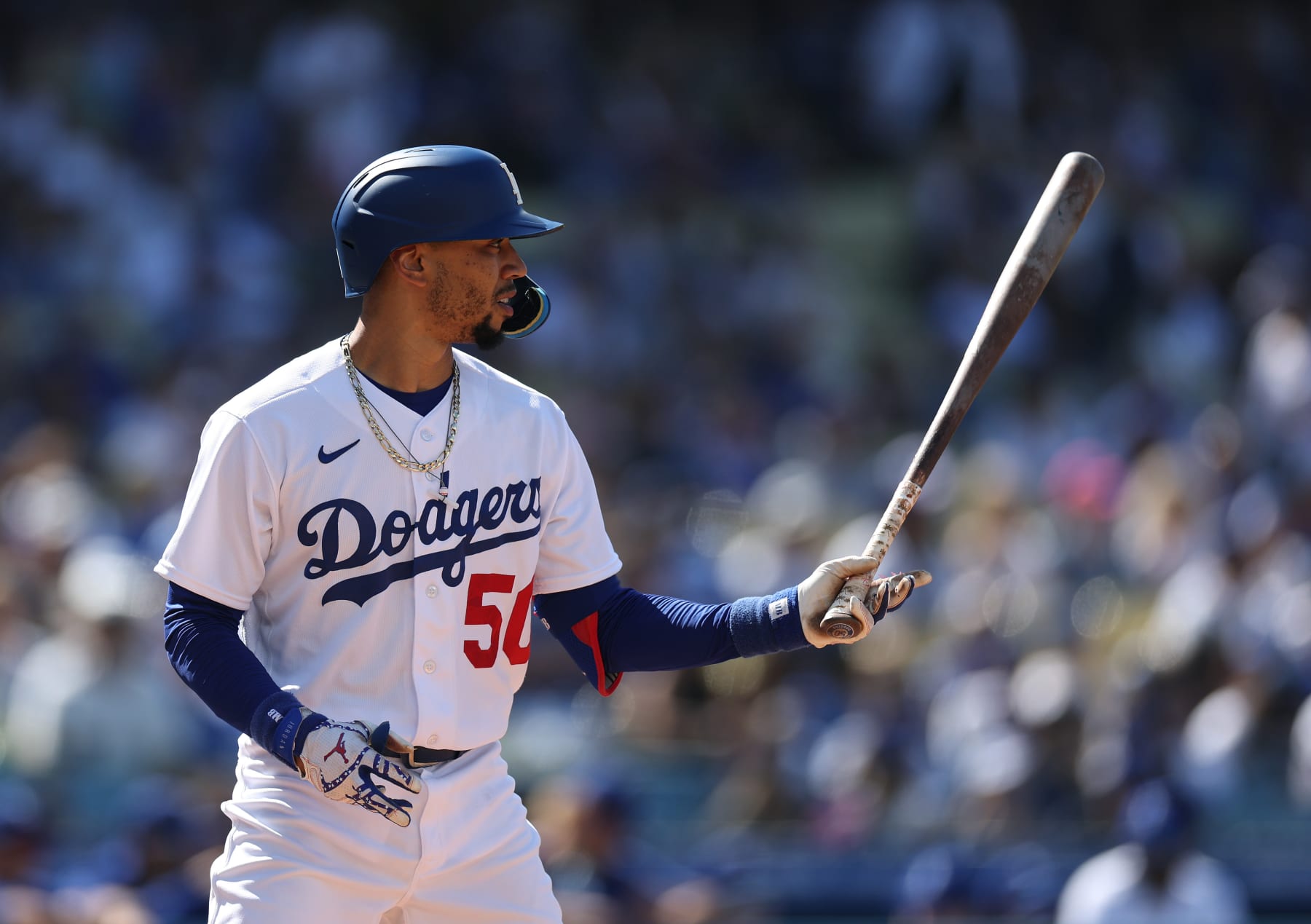 LOS ANGELES, CALIFORNIA - JUNE 25: Mookie Betts #50 of the Los Angeles Dodgers at bat during a 6-5 loss to the Houston Astros at Dodger Stadium on June 25, 2023 in Los Angeles, California. (Photo by Harry How/Getty Images)