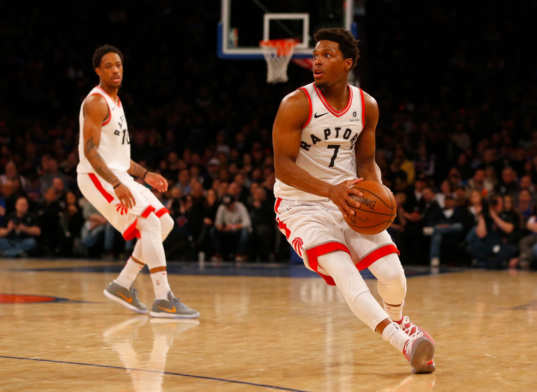 NEW YORK, NY - MARCH 10:  (NEW YORK DAILIES OUT)    Kyle Lowry #7 and DeMar DeRozan #10 of the Toronto Raptors in action against the New York Knicks at Madison Square Garden on March 10, 2018 in New York City. The Raptors defeated the Knicks 132-106. NOTE TO USER: User expressly acknowledges and agrees that, by downloading and/or using this Photograph, user is consenting to the terms and conditions of the Getty Images License Agreement.  (Photo by Jim McIsaac/Getty Images)