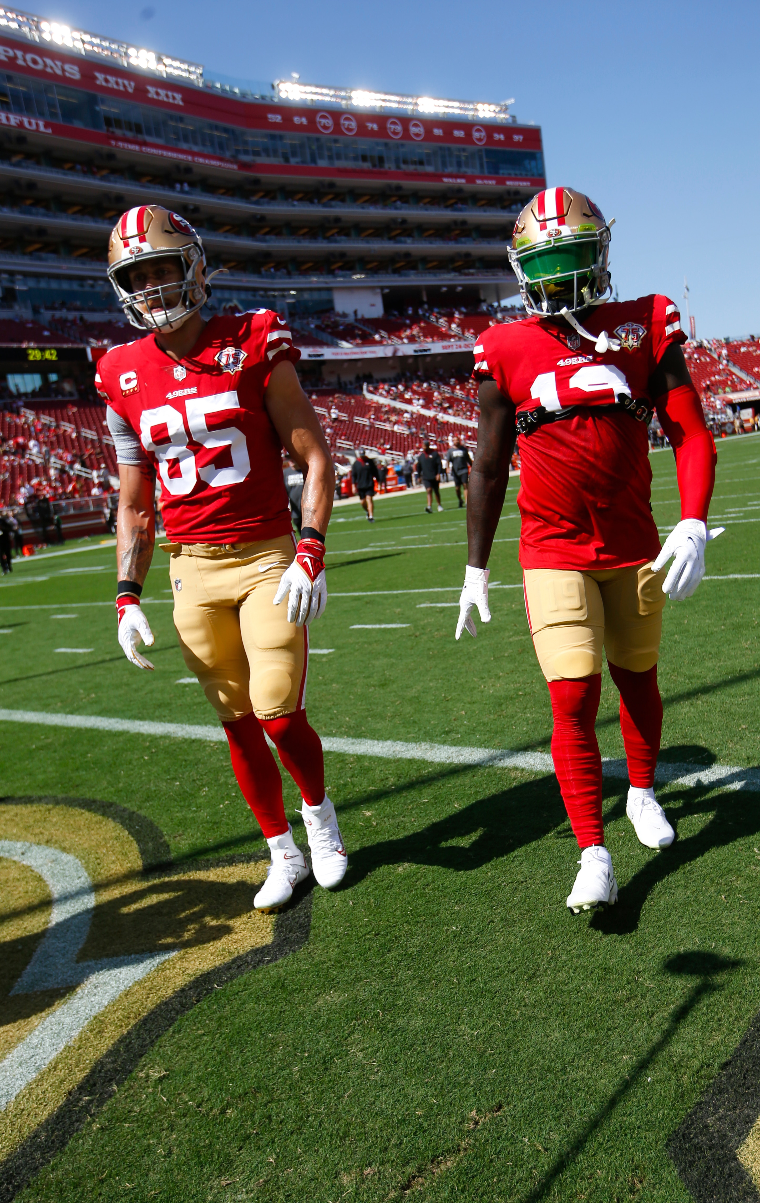 SANTA CLARA, CA - OCTOBER 3: George Kittle #85 and Deebo Samuel #19 of the San Francisco 49ers warm up before the game against the Seattle Seahawks at Levi's Stadium on October 3, 2021 in Santa Clara, California. The Seahawks defeated the 49ers 28-21. (Photo by Michael Zagaris/San Francisco 49ers/Getty Images)