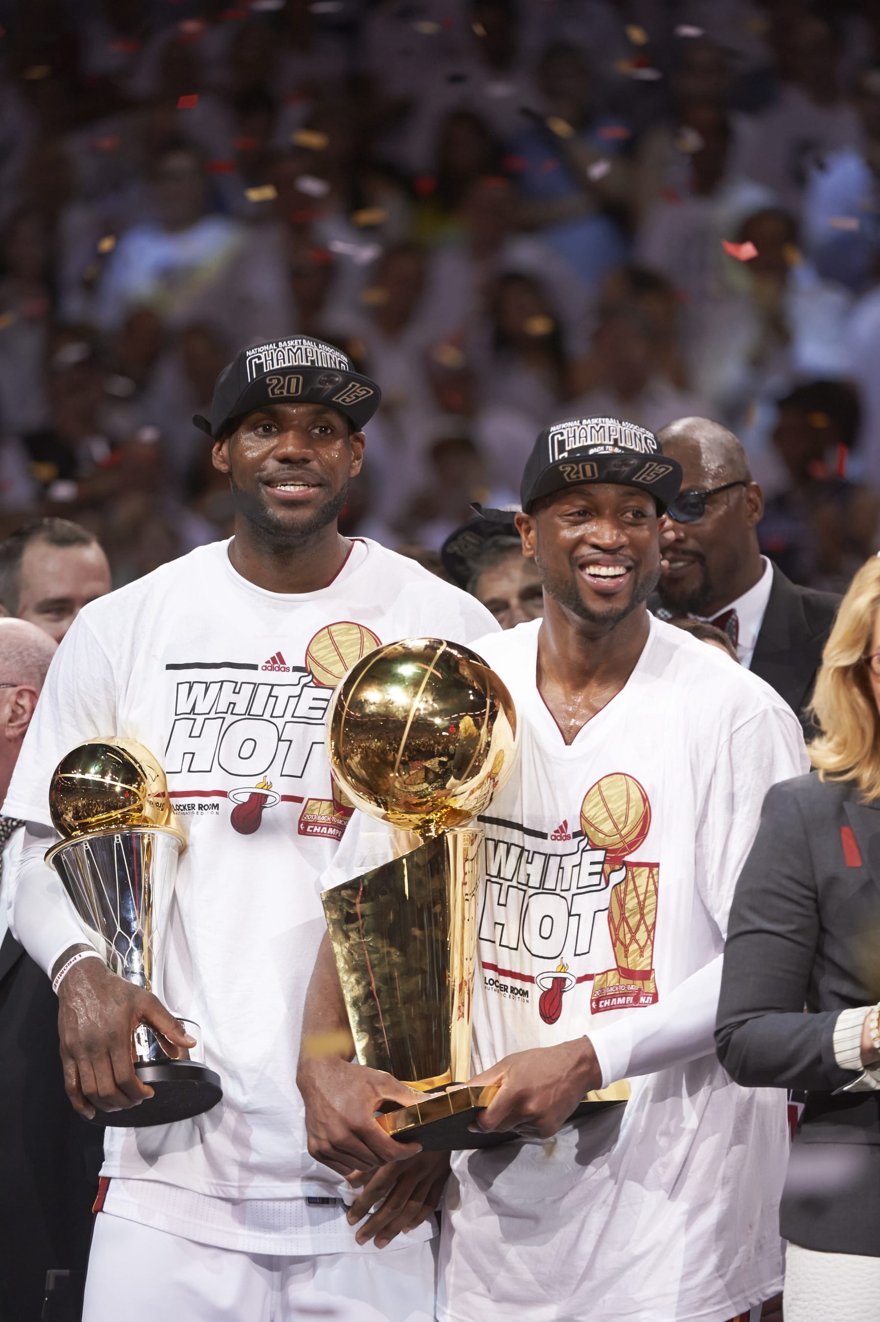 Basketball: NBA Finals: Miami Heat LeBron James (6) victorious with NBA Finals MVP award, Dwyane Wade (3) holding Larry O'Brien Championship Trophy after winning Game 7 and championship series vs San Antonio Spurs at American Airlines Arena. 
Miami, FL 6/20/2013
CREDIT: John W. McDonough (Photo by John W. McDonough /Sports Illustrated via Getty Images)
(Set Number: X156675 TK1 R11 F225 )
