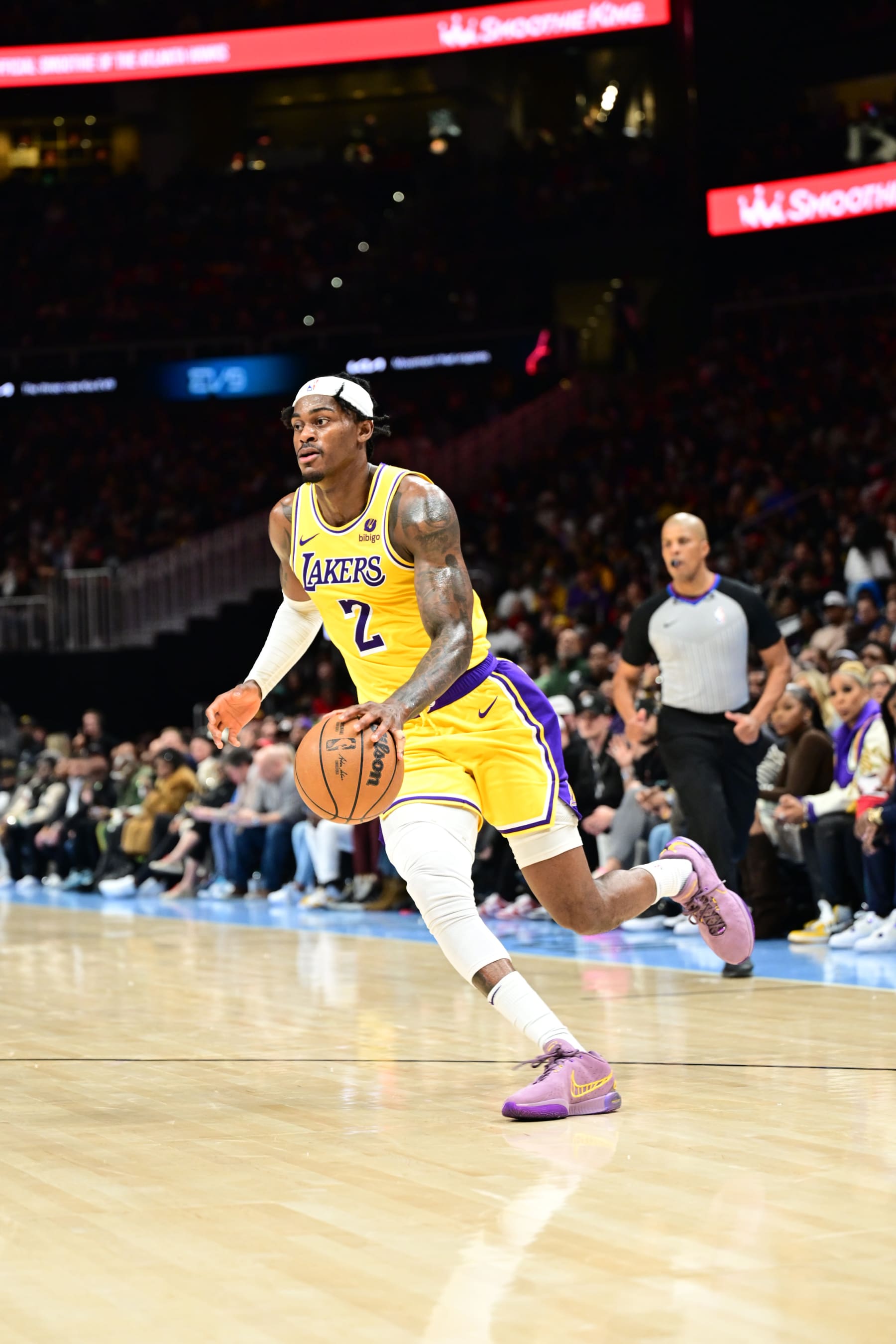 ATLANTA, GA - JANUARY 30: Jarred Vanderbilt #2 of the Los Angeles Lakers handles the ball during the game  against the Atlanta Hawks  on January 30, 2024 at State Farm Arena in Atlanta, Georgia.  NOTE TO USER: User expressly acknowledges and agrees that, by downloading and/or using this Photograph, user is consenting to the terms and conditions of the Getty Images License Agreement. Mandatory Copyright Notice: Copyright 2024 NBAE (Photo by Adam Hagy/NBAE via Getty Images)