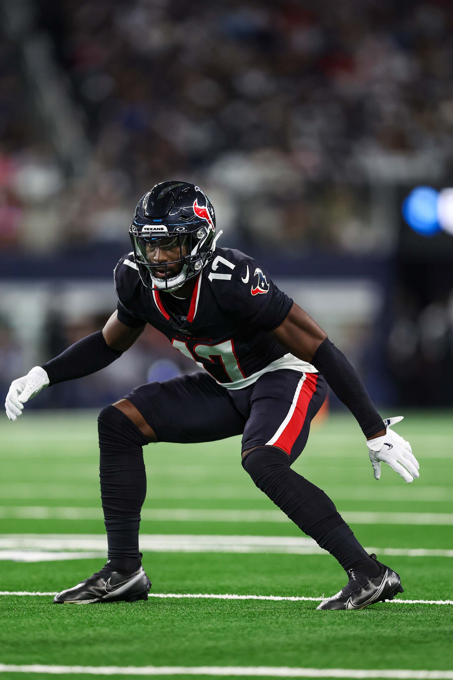 ARLINGTON, TEXAS - NOVEMBER 18: Kris Boyd #17 of the Houston Texans defends in coverage during an NFL football game against the Dallas Cowboys at AT&T Stadium on November 18, 2024 in Arlington, Texas. (Photo by Perry Knotts/Getty Images)
