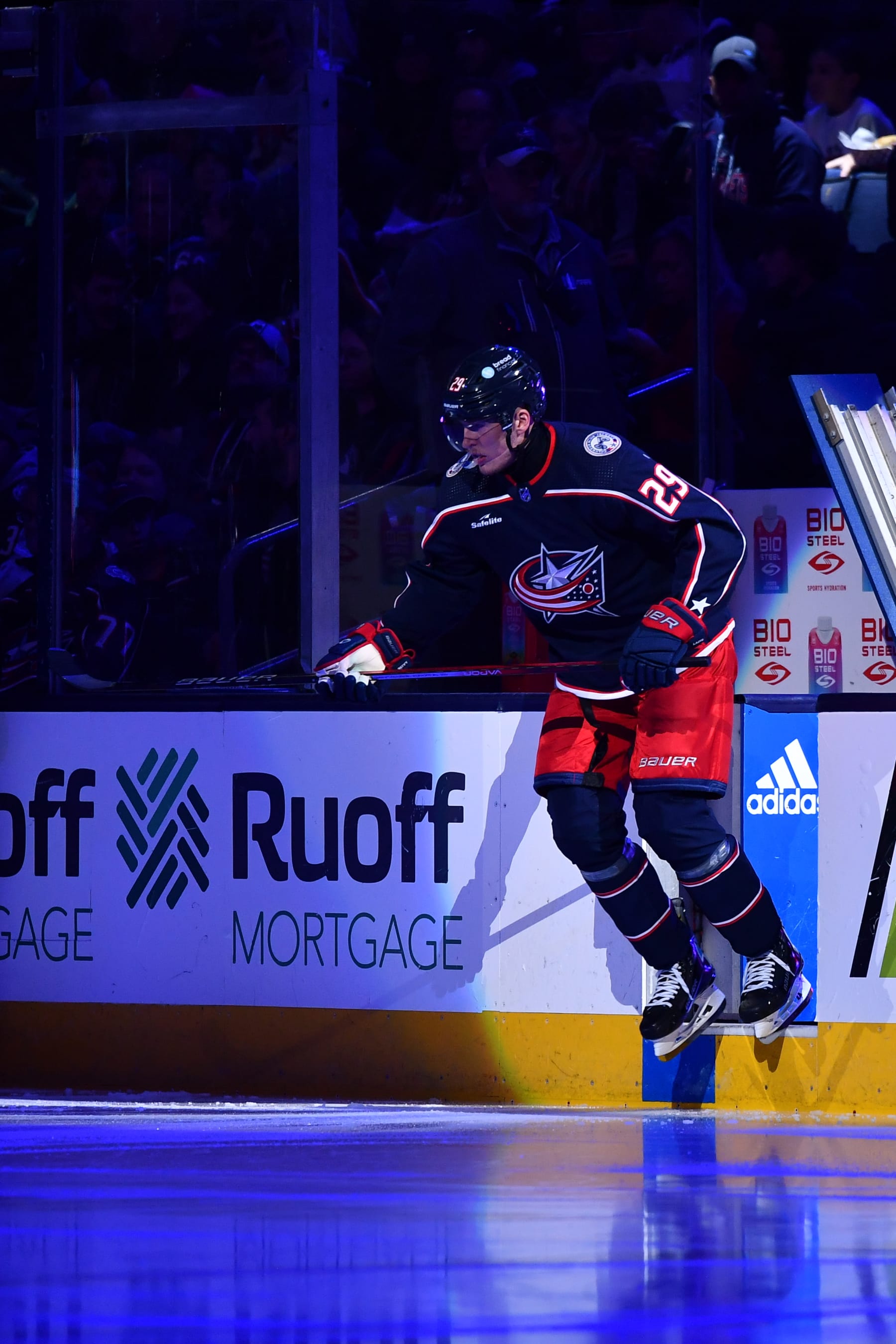 COLUMBUS, OHIO - DECEMBER 10: Patrik Laine #29 of the Columbus Blue Jackets takes the ice prior to a game against the Florida Panthers at Nationwide Arena on December 10, 2023 in Columbus, Ohio. (Photo by Ben Jackson/NHLI via Getty Images)