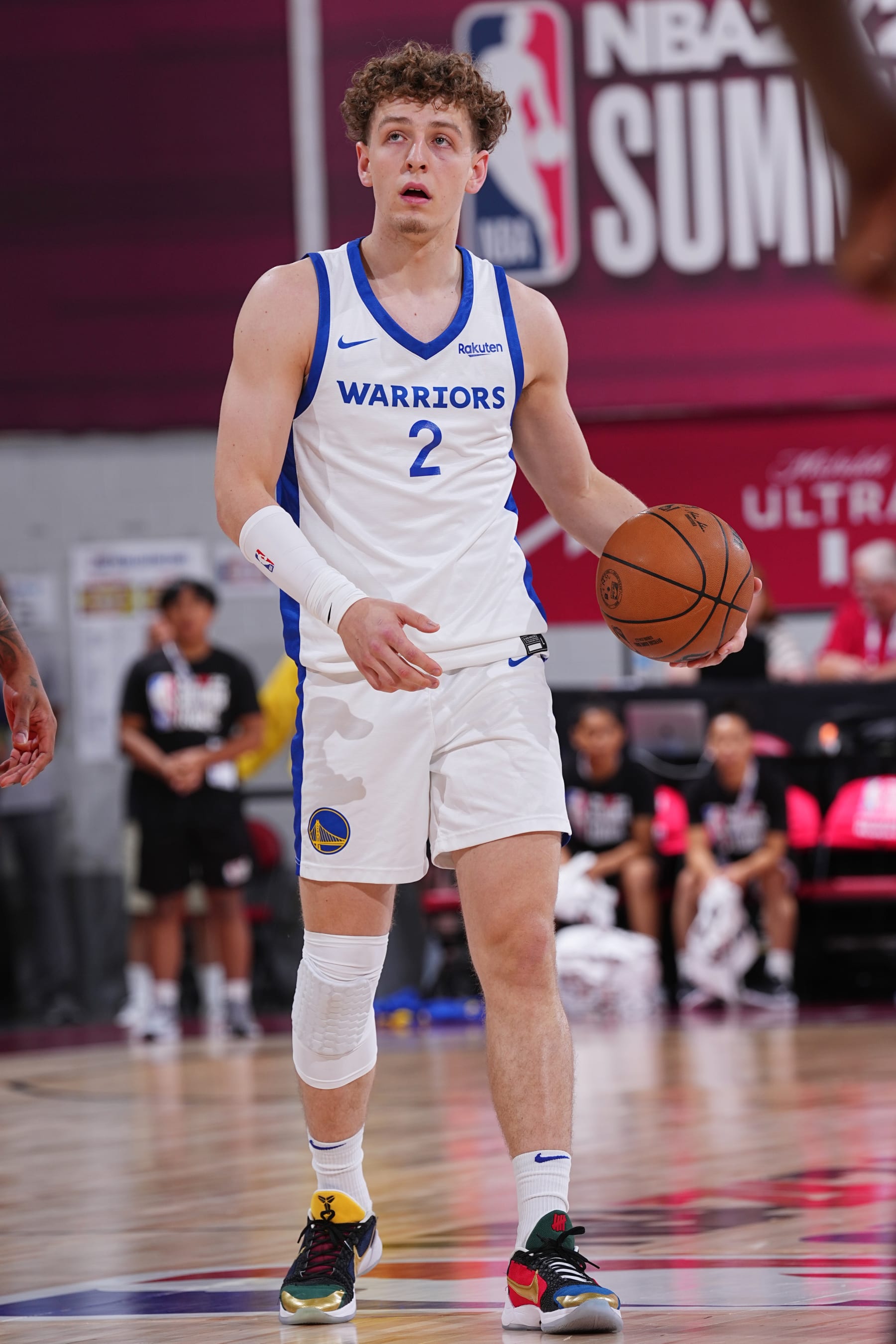 LAS VEGAS, NV - JULY 15: Brandin Podziemski #2 of the Golden State Warriors dribbles the ball during the game against the Toronto Raptors during the 2023 NBA Las Vegas Summer League on July 15, 2023 at the Cox Pavilion in Las Vegas, Nevada. NOTE TO USER: User expressly acknowledges and agrees that, by downloading and or using this photograph, User is consenting to the terms and conditions of the Getty Images License Agreement. Mandatory Copyright Notice: Copyright 2023 NBAE (Photo by Bart Young/NBAE via Getty Images)