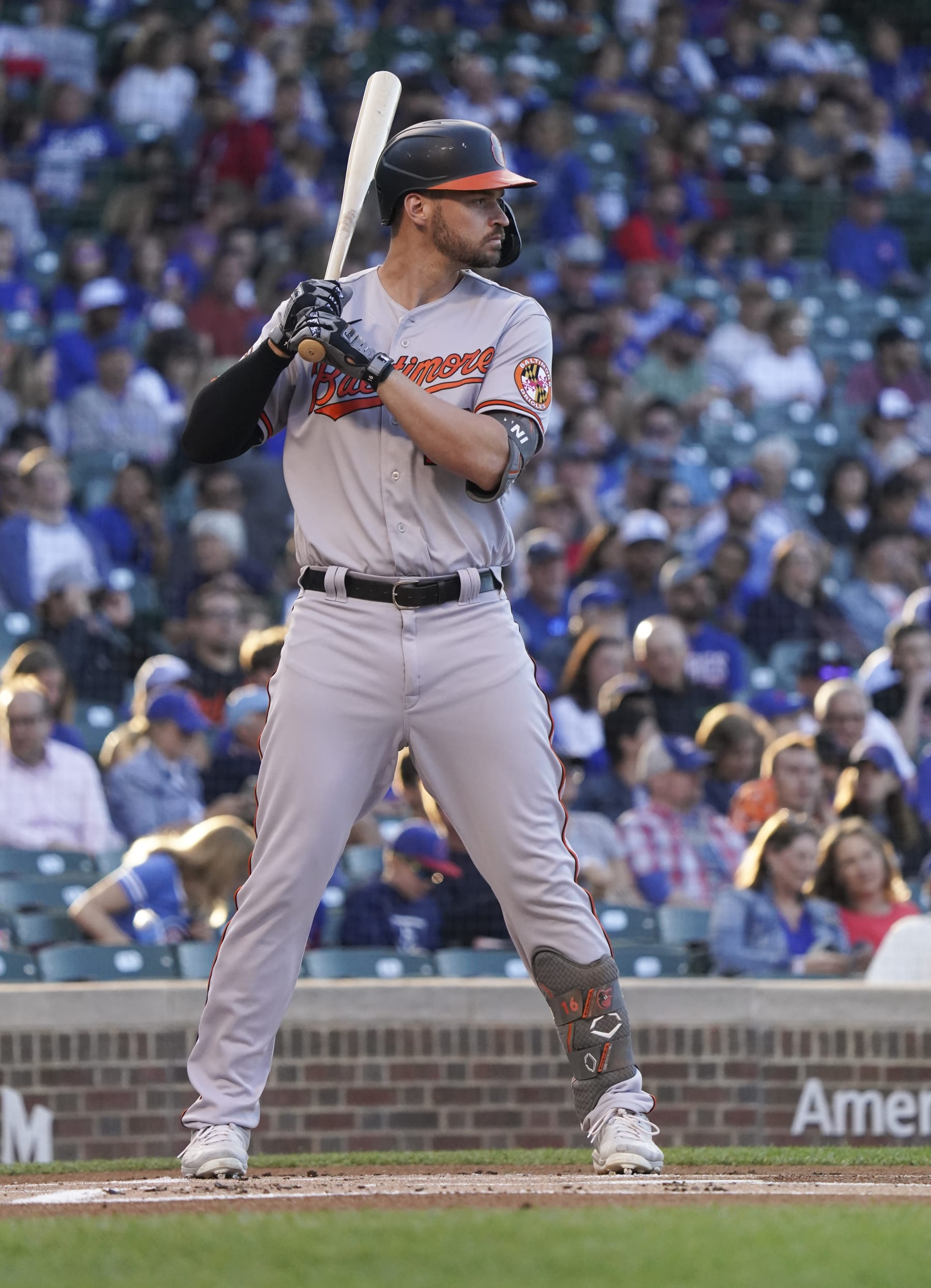 CHICAGO, ILLINOIS - JULY 13: Trey Mancini #16 of the Baltimore Orioles bats against the Chicago Cubs at Wrigley Field on July 13, 2022 in Chicago, Illinois. (Photo by Nuccio DiNuzzo/Getty Images)