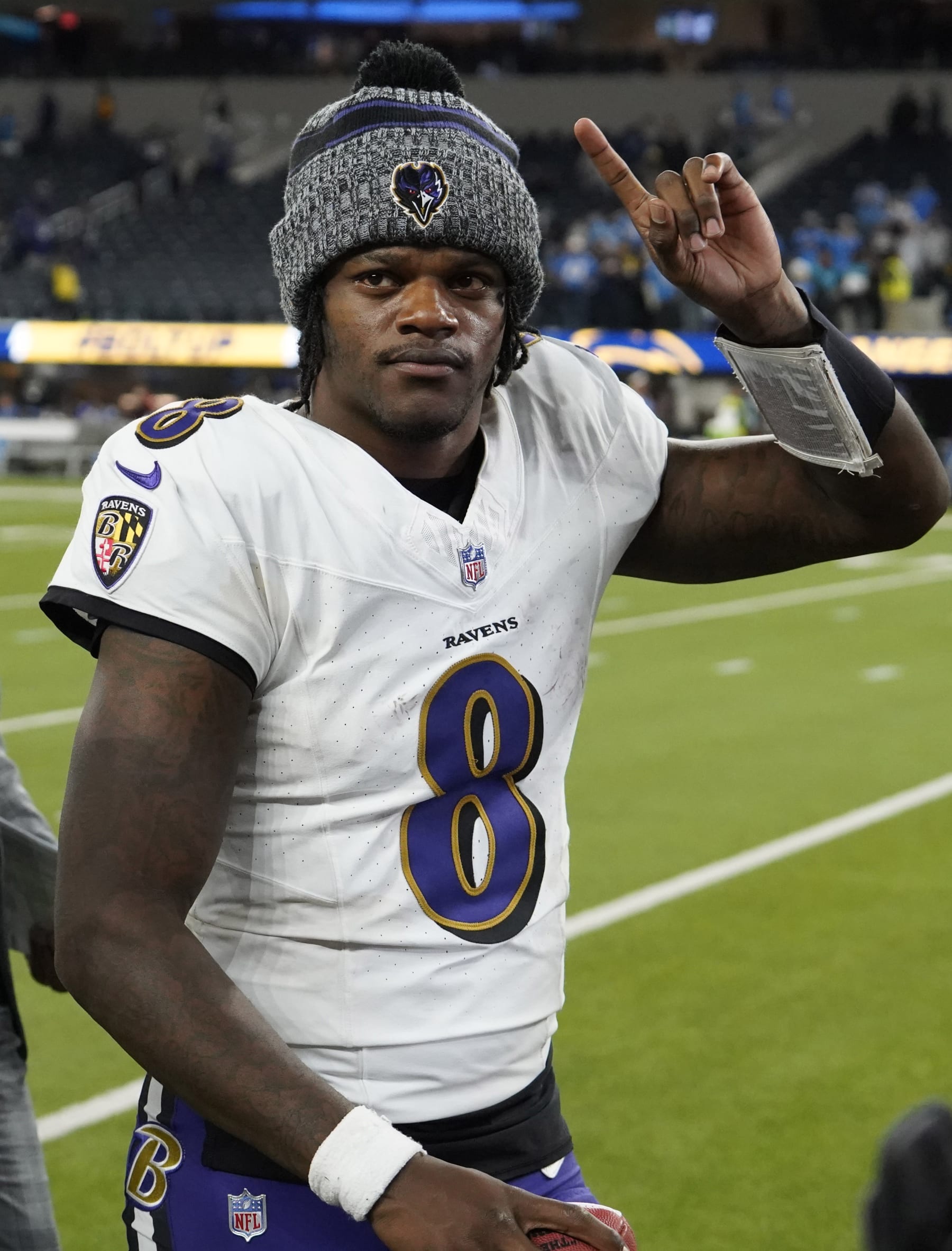 INGLEWOOD, CA - NOVEMBER 26: Lamar Jackson #8 of the Ravens after the Los Angeles Chargers game versus the Baltimore Ravens on November 26, 2023, at SoFi Stadium in Inglewood, CA. (Photo by Kevin Reece/Icon Sportswire via Getty Images)