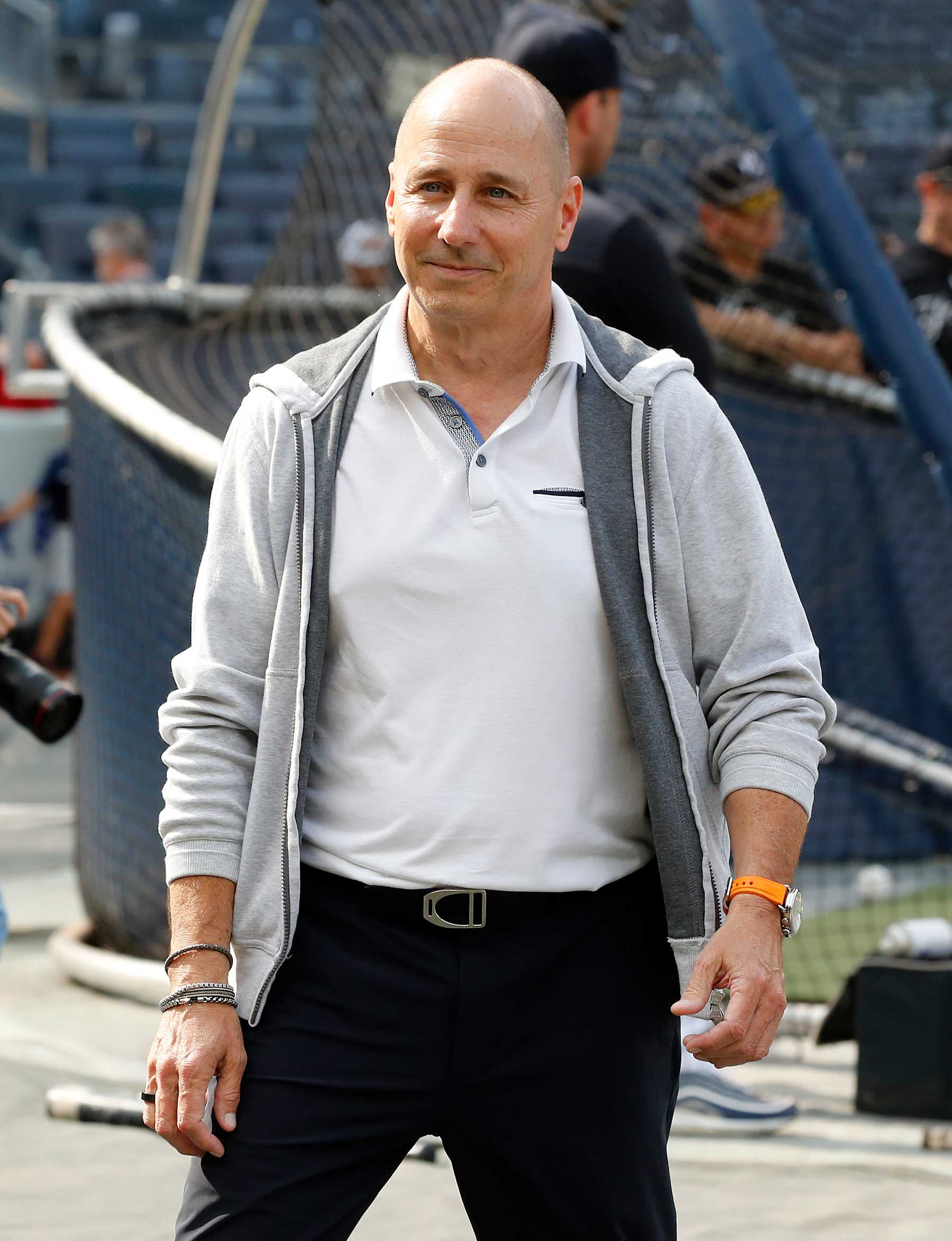 NEW YORK, NEW YORK - JUNE 20:  (NEW YORK DAILIES OUT)  New York Yankees general manager Brian Cashman looks on during batting practice before a game between the Yankees and the Seattle Mariners at Yankee Stadium on June 20, 2023 in the Bronx borough of New York City. The Yankees defeated the Mariners 3-1. (Photo by Jim McIsaac/Getty Images)