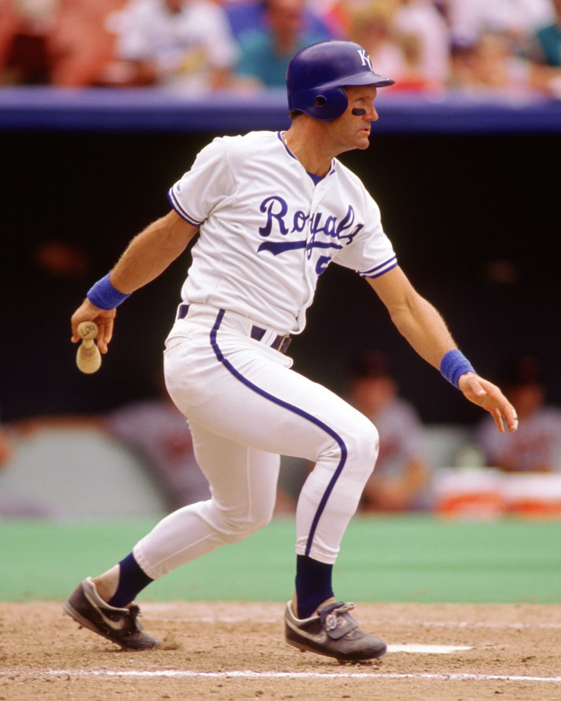 KANSAS CITY - 1990:  George Brett of the Kansas City Royals bats during an MLB game at Kaufmann Stadium in Kansas City, Missouri during the 1990 season. (Photo by Ron Vesely/MLB Photos via Getty Images) 