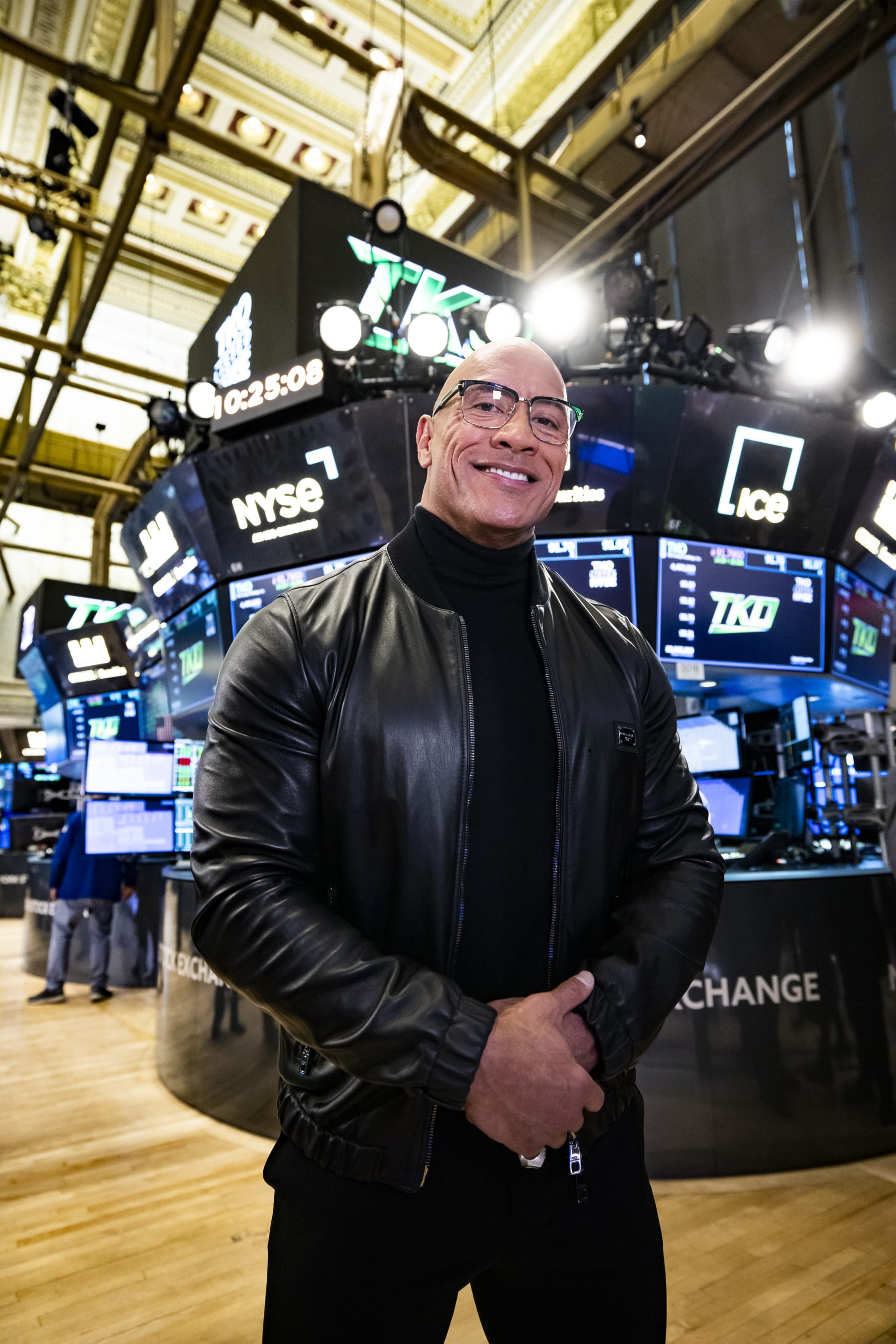 NEW YORK, NEW YORK - JANUARY 23: Dwayne "The Rock" Johnson is seen during a ceremony announcing he has joined the Board of Directors for TKO at New York Stock Exchange on January 23, 2024 in New York City. (Photo by Michelle Farsi/Zuffa LLC)