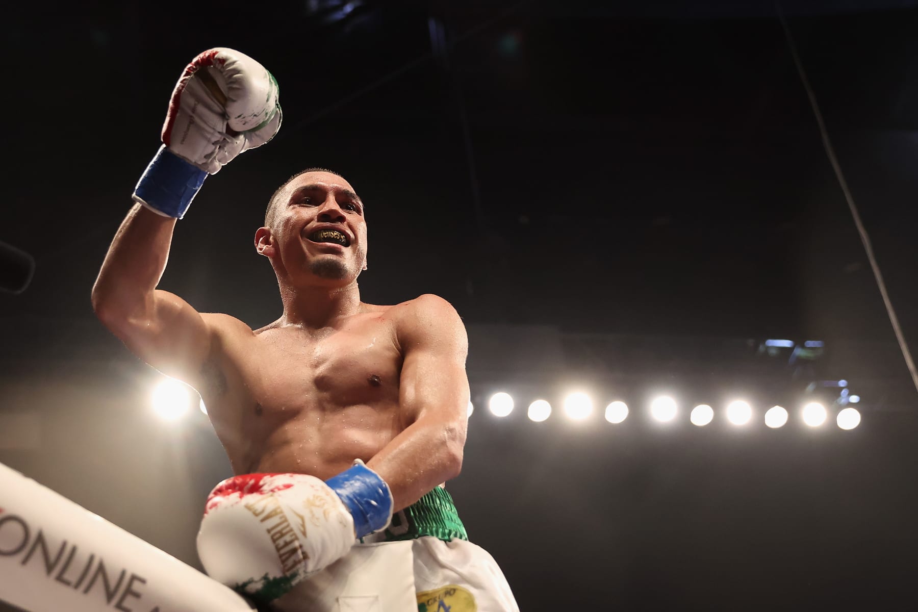 GLENDALE, ARIZONA - DECEMBER 03: Juan Francisco Estrada of Mexico celebrates his victory by majority decision over Roman Gonzalez of Nicaragua during their WBC super flyweight title bout at Desert Diamond Arena on December 03, 2022 in Glendale, Arizona. (Photo by Christian Petersen/Getty Images)