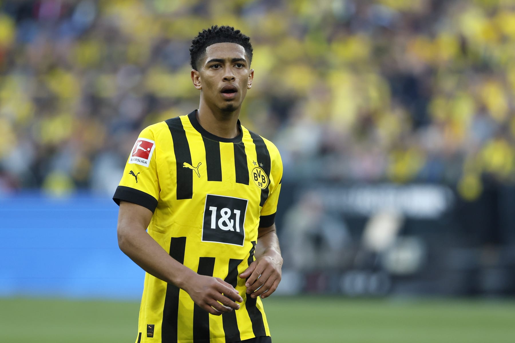 DORTMUND, GERMANY - MAY 13: Jude Bellingham of Borussia Dortmund looks on during the Bundesliga match between Borussia Dortmund and Borussia Mönchengladbach at Signal Iduna Park on May 13, 2023 in Dortmund, Germany. (Photo by Joachim Bywaletz/DeFodi Images via Getty Images)