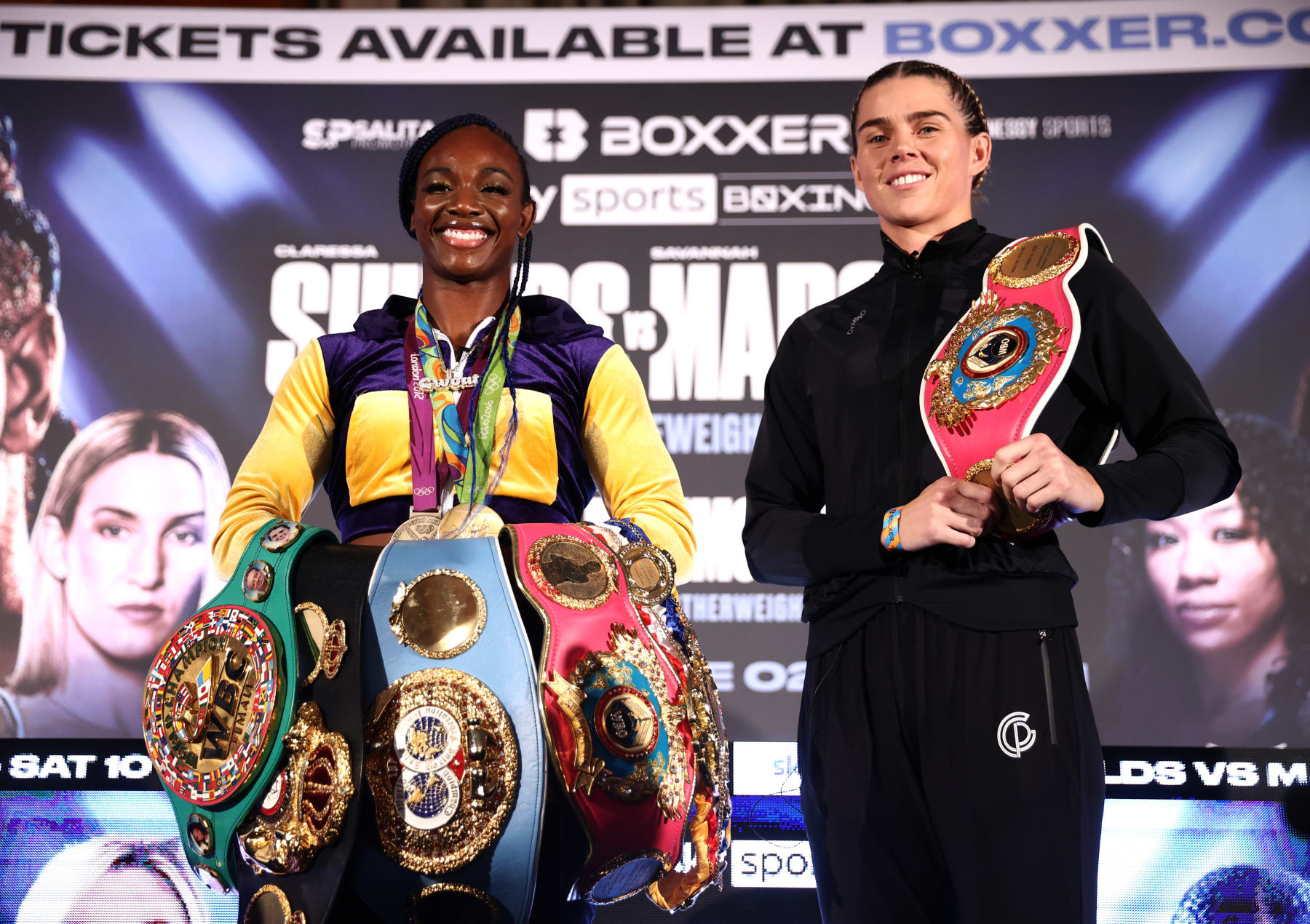 LONDON, ENGLAND - SEPTEMBER 08: Claressa Shields (L) and Savannah Marshall (R) pose during the press conference ahead of their undisputed middleweight championship fight at Canary Riverside Plaza Hotel on September 08, 2022 in London, England. (Photo by Mikey Williams/Top Rank Inc via Getty Images)