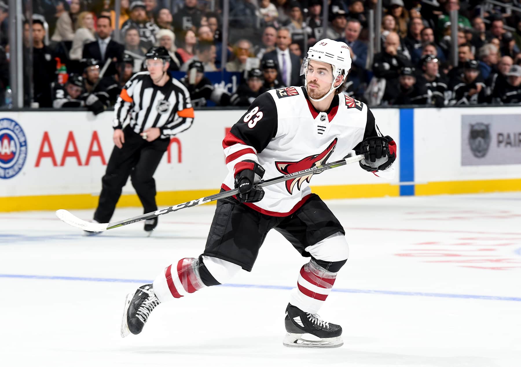 LOS ANGELES, CA - DECEMBER 27: Conor Garland #83 of the Arizona Coyotes skates during the second period of the game against the Los Angeles Kings at STAPLES Center on December 27, 2018 in Los Angeles, California. (Photo by Juan Ocampo/NHLI via Getty Images) *** Local Caption ***
