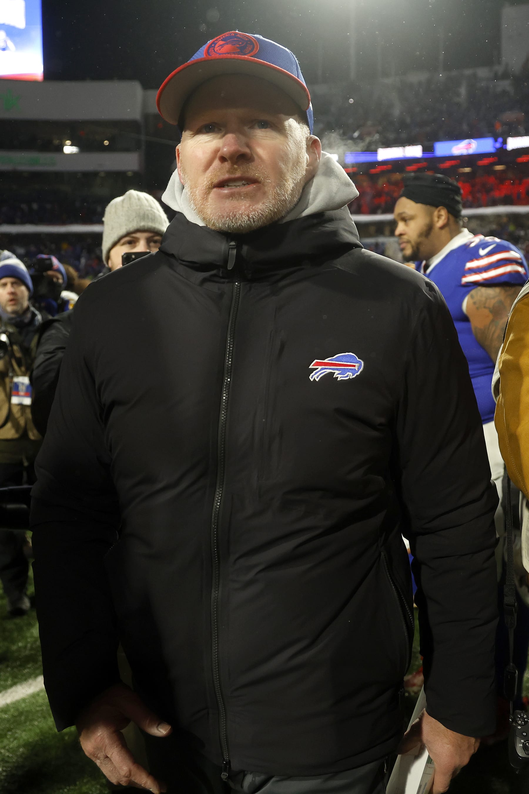 ORCHARD PARK, NEW YORK - JANUARY 15: Head coach Sean McDermott of the Buffalo Bills reacts after the game against the Pittsburgh Steelers at Highmark Stadium on January 15, 2024 in Orchard Park, New York. (Photo by Sarah Stier/Getty Images)