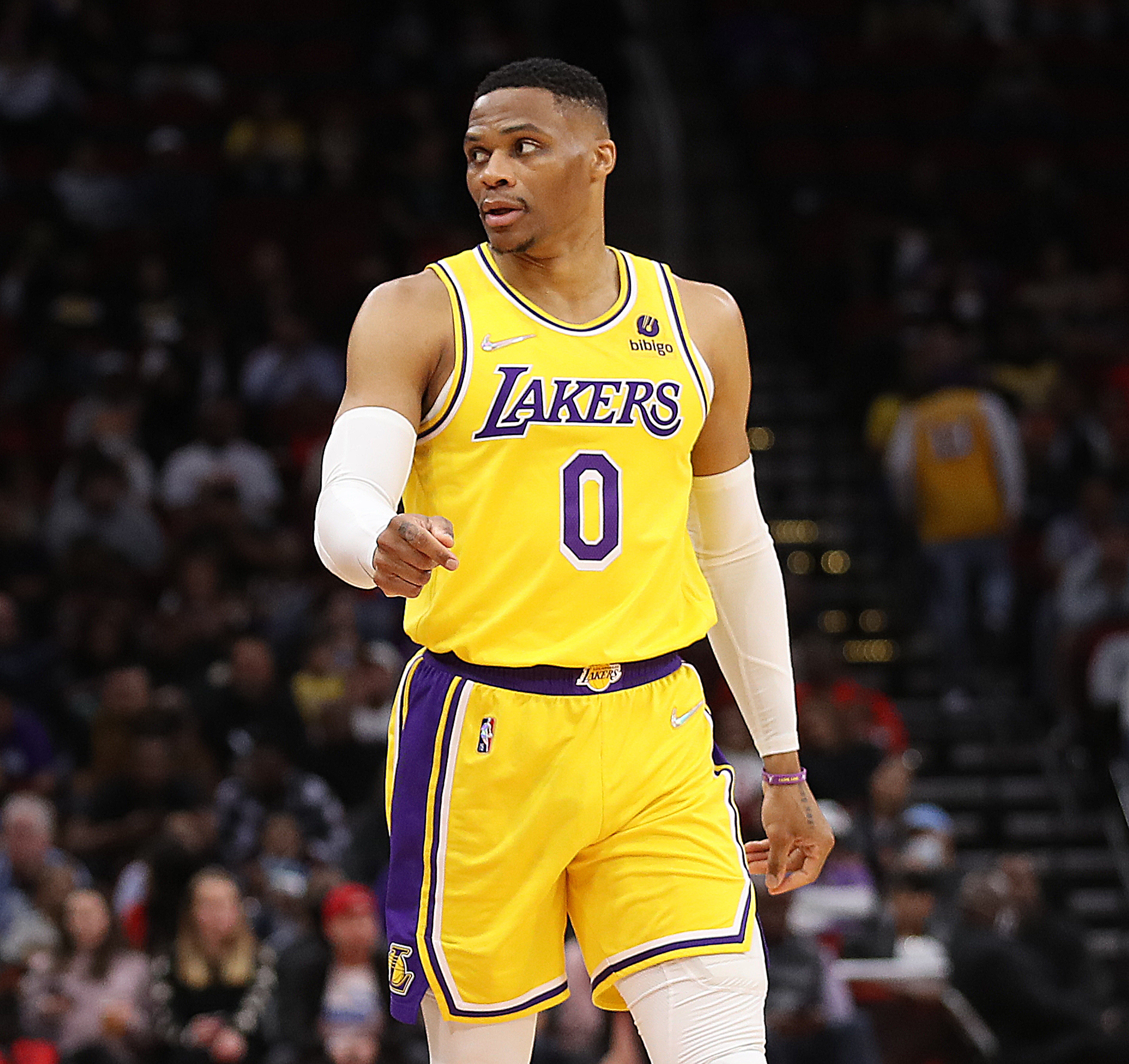 HOUSTON, TEXAS - MARCH 09: Russell Westbrook #0 of the Los Angeles Lakers against the Houston Rockets at Toyota Center on March 09, 2022 in Houston, Texas. NOTE TO USER: User expressly acknowledges and agrees that, by downloading and or using this photograph, User is consenting to the terms and conditions of the Getty Images License Agreement. (Photo by Bob Levey/Getty Images)