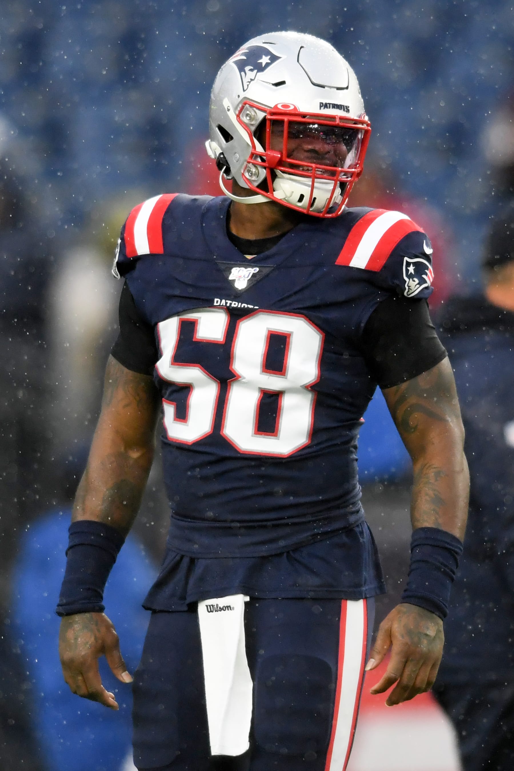 FOXBOROUGH, MA - OCTOBER 27, 2019: Outside linebacker Jamie Collins #58 of the New England Patriots on the field prior to a game against the Cleveland Browns on October 27, 2019 at Gillette Stadium in Foxborough, Massachusetts. New England won 27-13. (Photo by: 2019 Nick Cammett/Diamond Images via Getty Images)