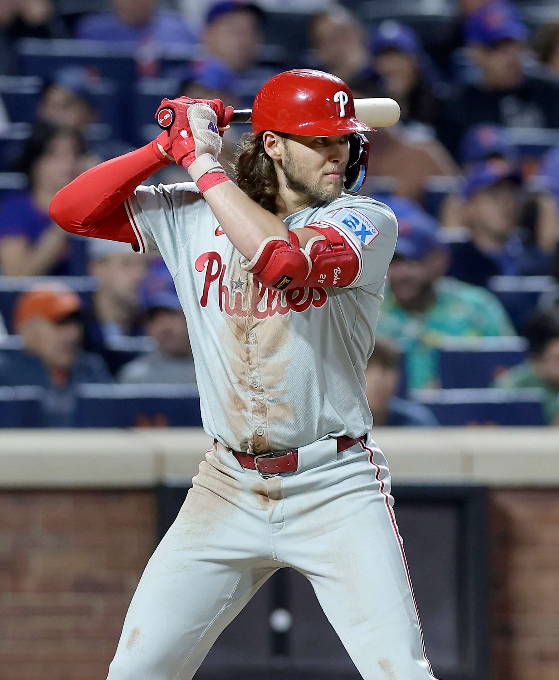 NEW YORK, NEW YORK - SEPTEMBER 22:  Alec Bohm #28 of the Philadelphia Phillies in action against the New York Mets at Citi Field on September 22, 2024 in New York City. The Mets defeated the Phillies 2-1. (Photo by Jim McIsaac/Getty Images)