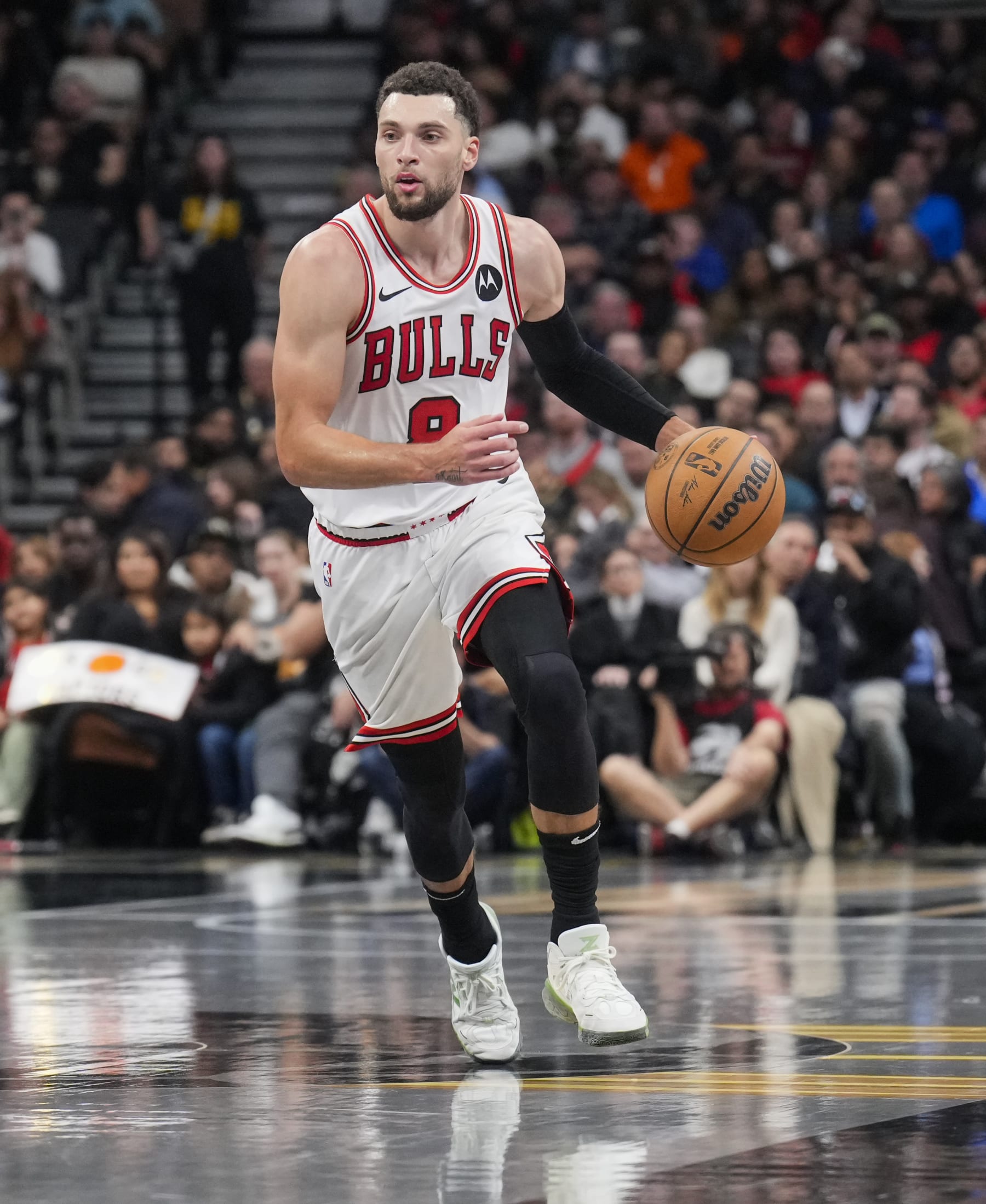 TORONTO, ON - NOVEMBER 24: Zach LaVine #8 of the Chicago Bulls dribbles against the Toronto Raptors during the second half of their NBA In-Season Tournament game at the Scotiabank Arena on November 24, 2023 in Toronto, Ontario, Canada. NOTE TO USER: User expressly acknowledges and agrees that, by downloading and/or using this Photograph, user is consenting to the terms and conditions of the Getty Images License Agreement. (Photo by Mark Blinch/Getty Images)