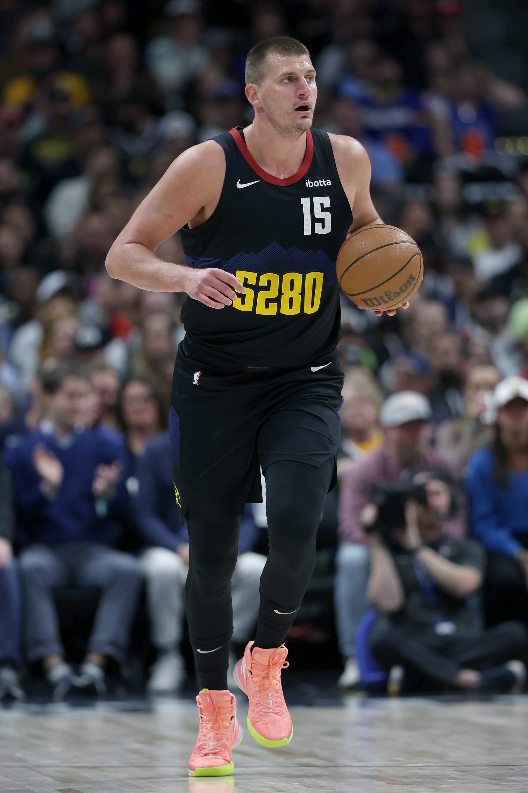 DENVER, COLORADO - MAY 06: Nikola Jokic #15 pf the Denver Nuggets plays the Minnesota Timberwolves in the first quarter during Game Two of the Western Conference Second Round Playoffs at Ball Arena on May 06, 2024 in Denver, Colorado. NOTE TO USER: User expressly acknowledges and agrees that, by downloading and or using this photograph, User is consenting to the terms and conditions of the Getty Images License Agreement. (Photo by Matthew Stockman/Getty Images)