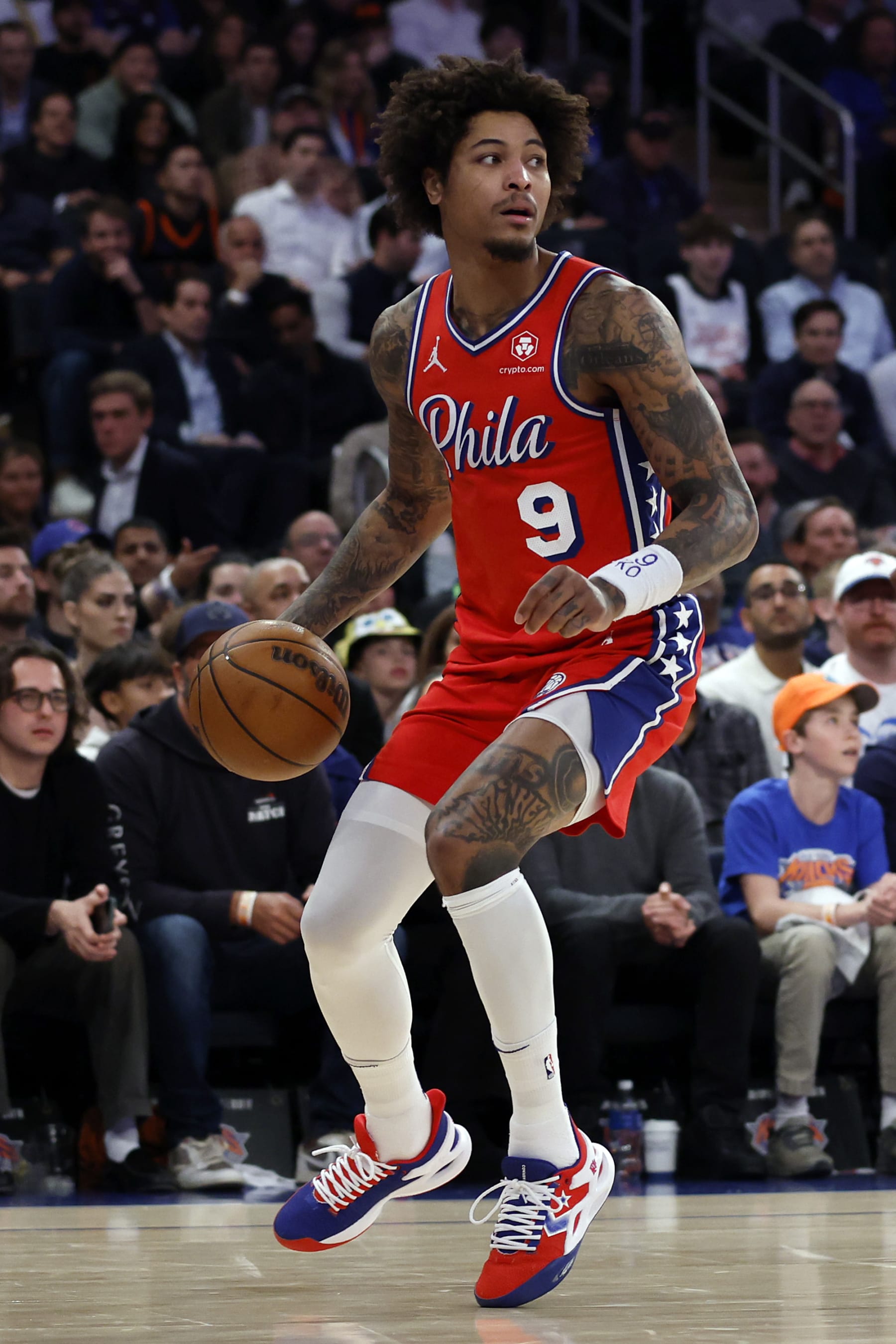 NEW YORK, NEW YORK - APRIL 22: Kelly Oubre Jr. #9 of the Philadelphia 76ers dribbles during the game against the New York Knicks in Game Two of the Eastern Conference First Round Playoffs at Madison Square Garden on April 22, 2024 in New York City. The Knicks won 104-101. NOTE TO USER: User expressly acknowledges and agrees that, by downloading and or using this photograph, User is consenting to the terms and conditions of the Getty Images License Agreement. (Photo by Sarah Stier/Getty Images)
